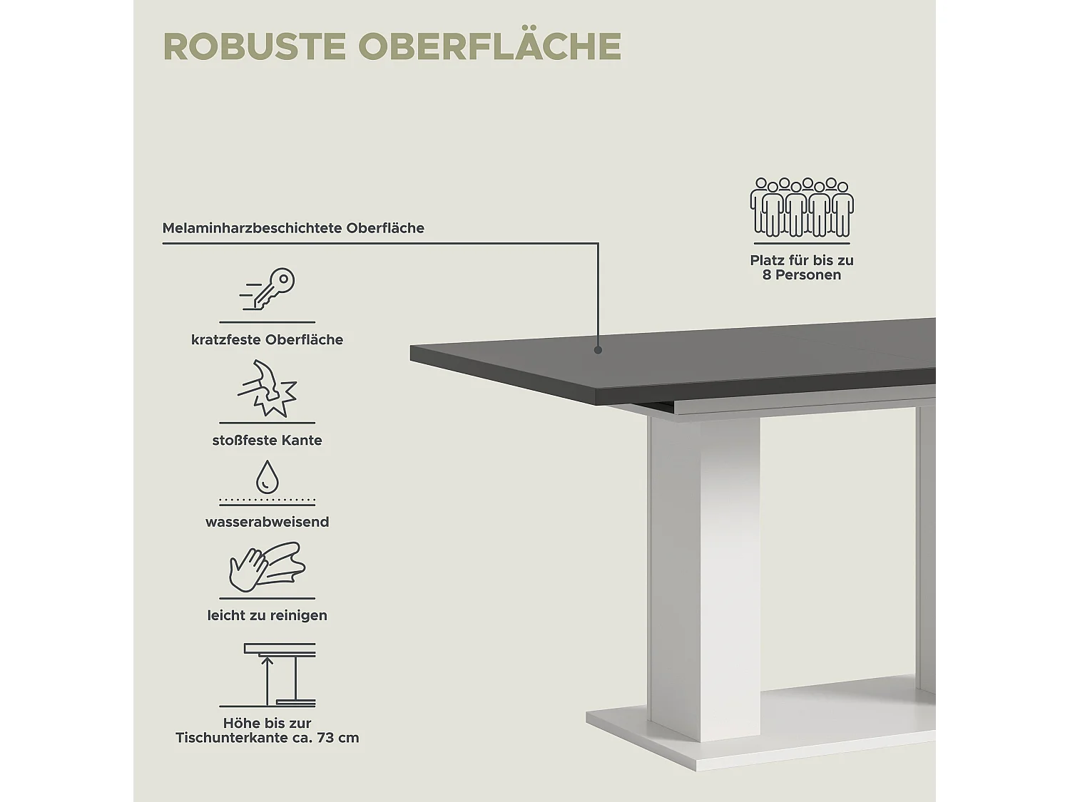 Table de salle à manger MOTION (lxhxp : env. 150x76x90 cm)  avec plateau  gris/ pied en U blanc