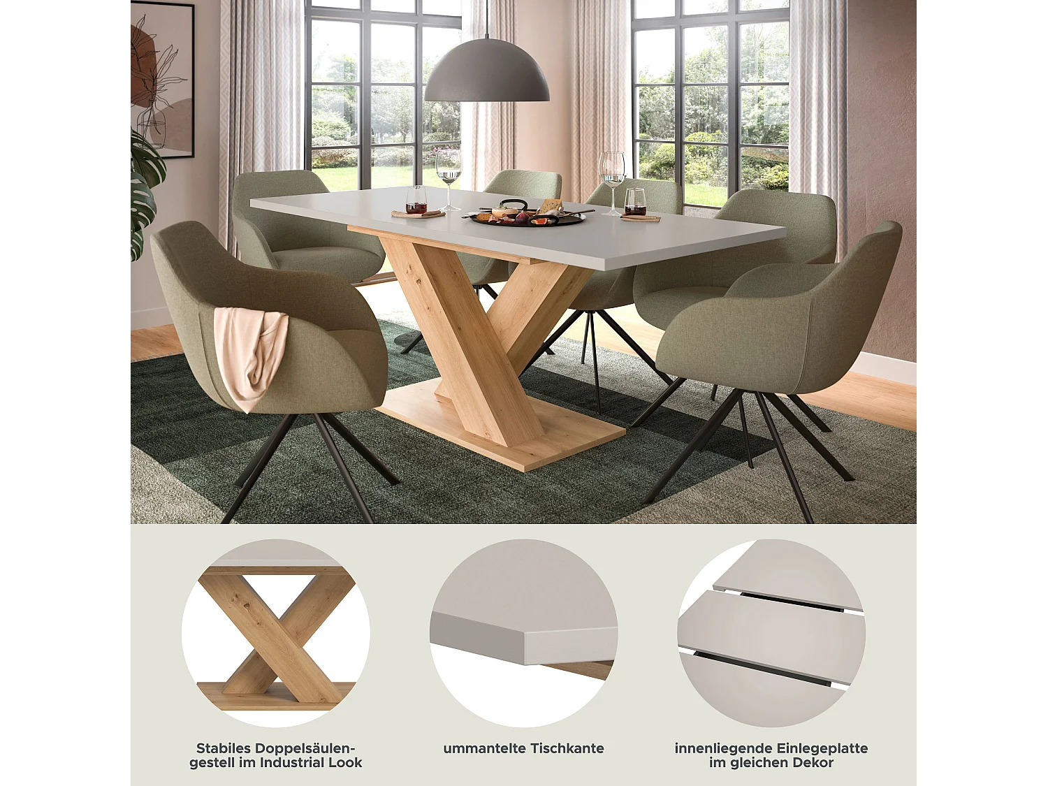 Table de salle à manger MOTION (lxhxp : env. 150x76x90 cm)avec plateau cachemire/ pied en X aspect chêne artisan