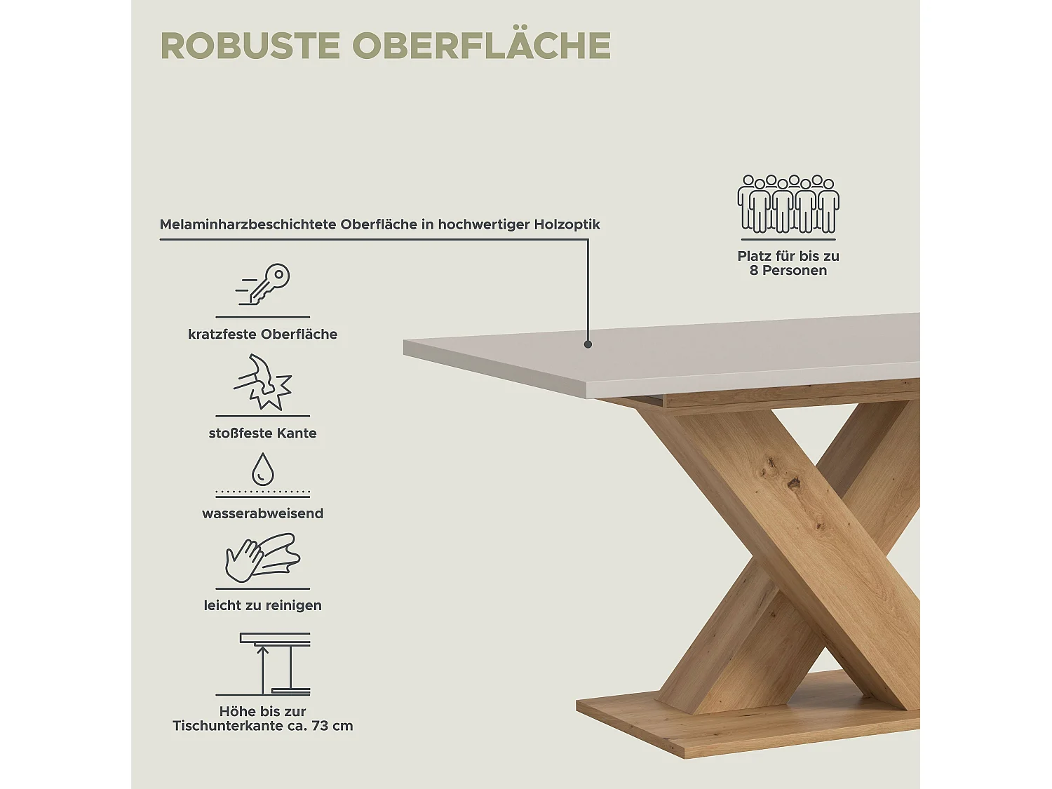 Table de salle à manger MOTION (lxhxp : env. 150x76x90 cm)avec plateau cachemire/ pied en X aspect chêne artisan