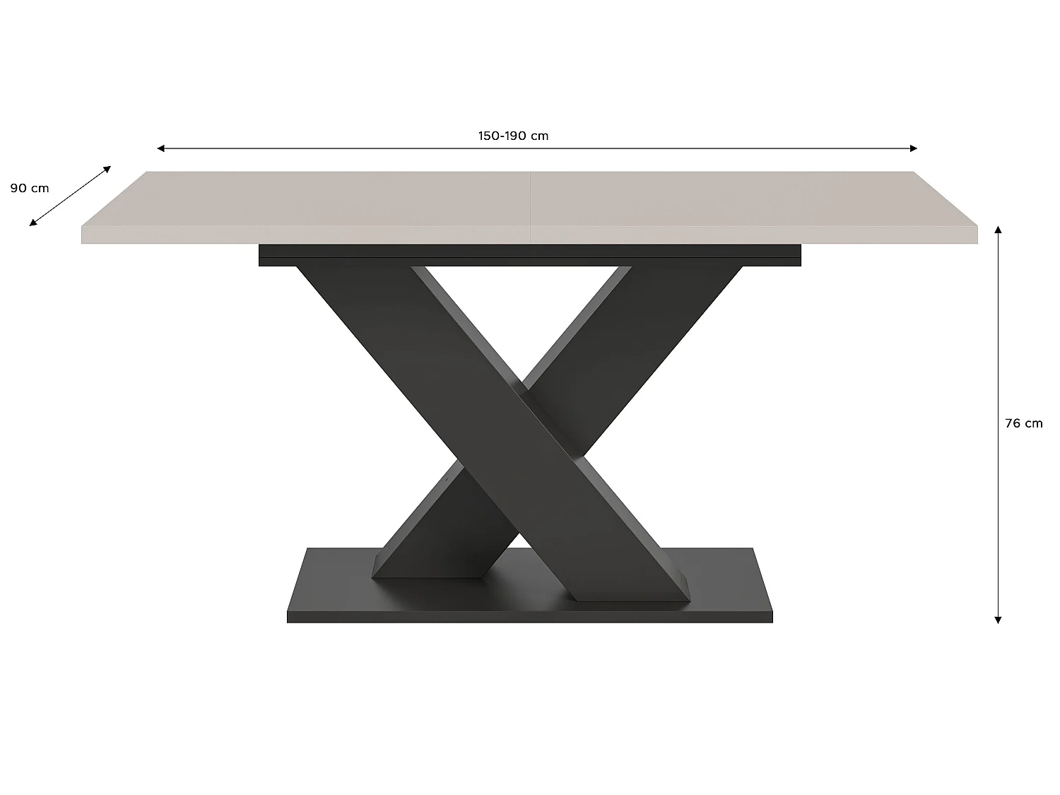 Table de salle à manger MOTION  (lxhxp : env. 150x76x90 cm)avec plateau en cachemire / pied en X  gris