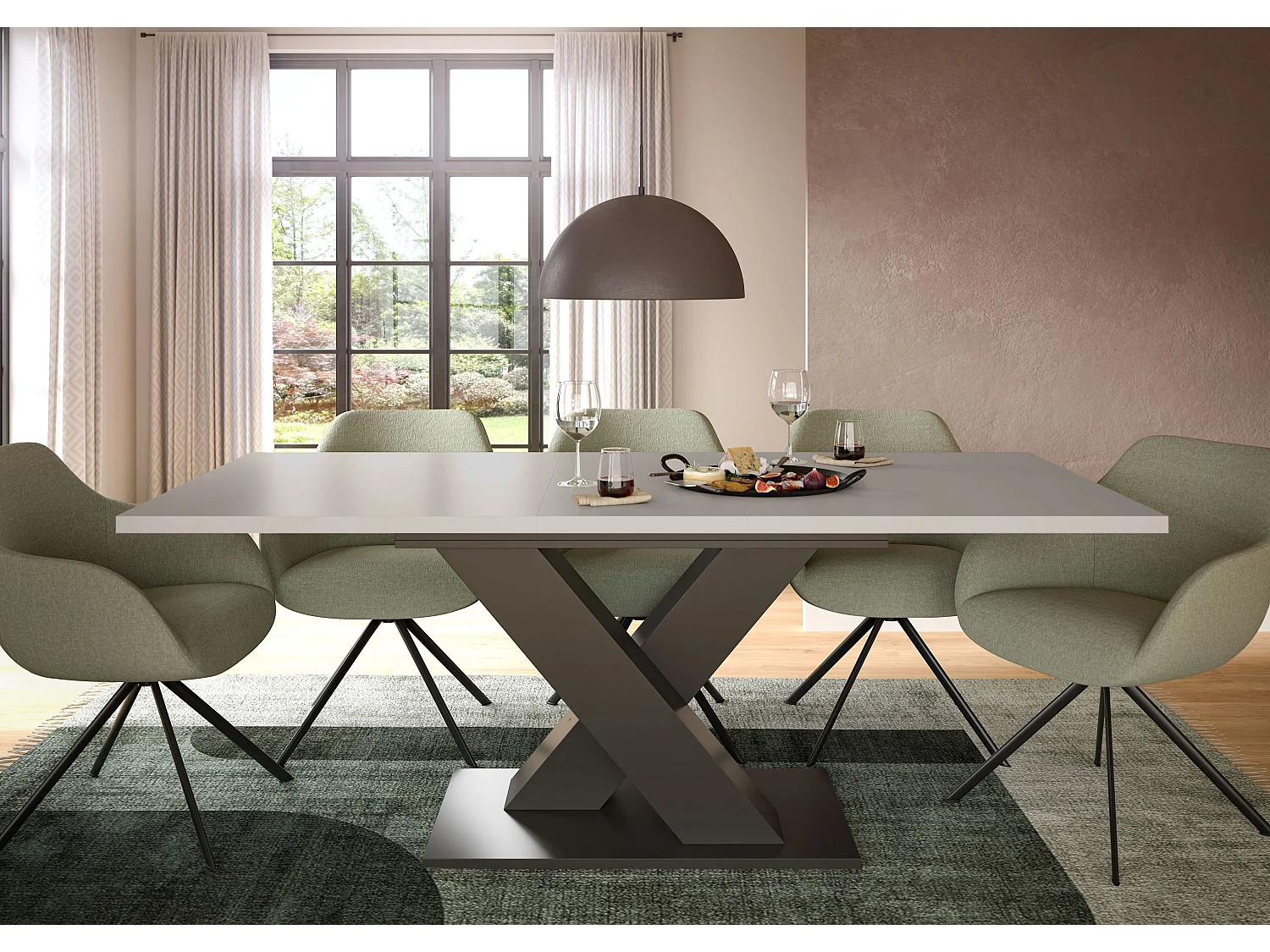 Table de salle à manger MOTION  (lxhxp : env. 150x76x90 cm)avec plateau en cachemire / pied en X  gris