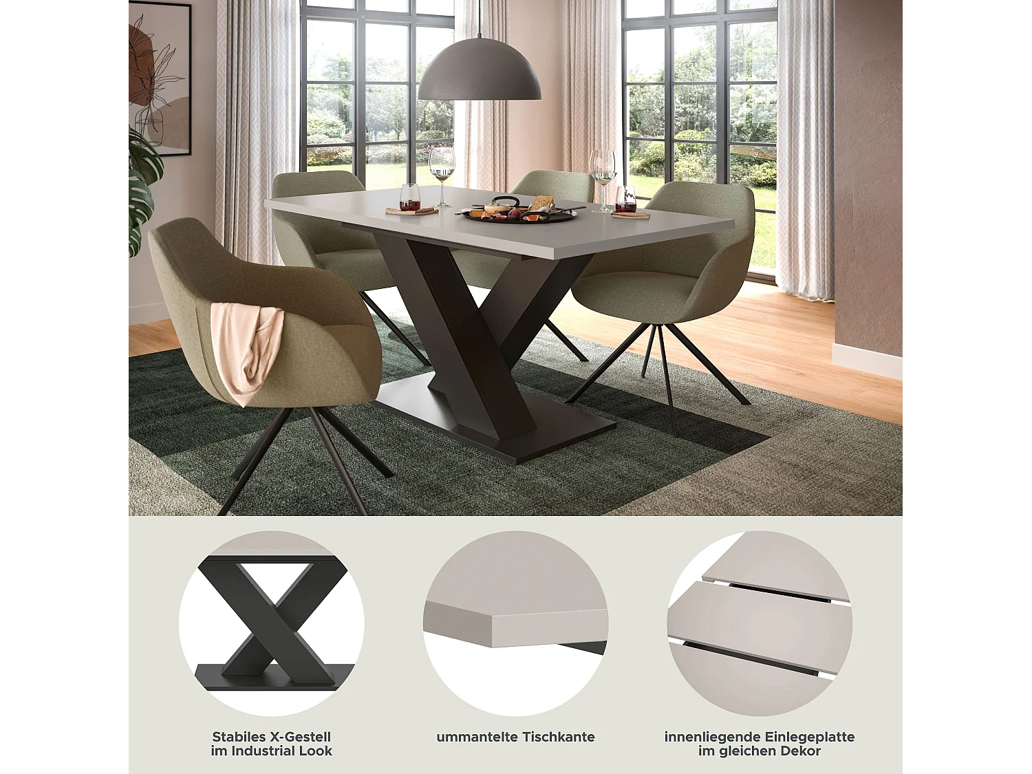 Table de salle à manger MOTION  (lxhxp : env. 150x76x90 cm)avec plateau en cachemire / pied en X  gris