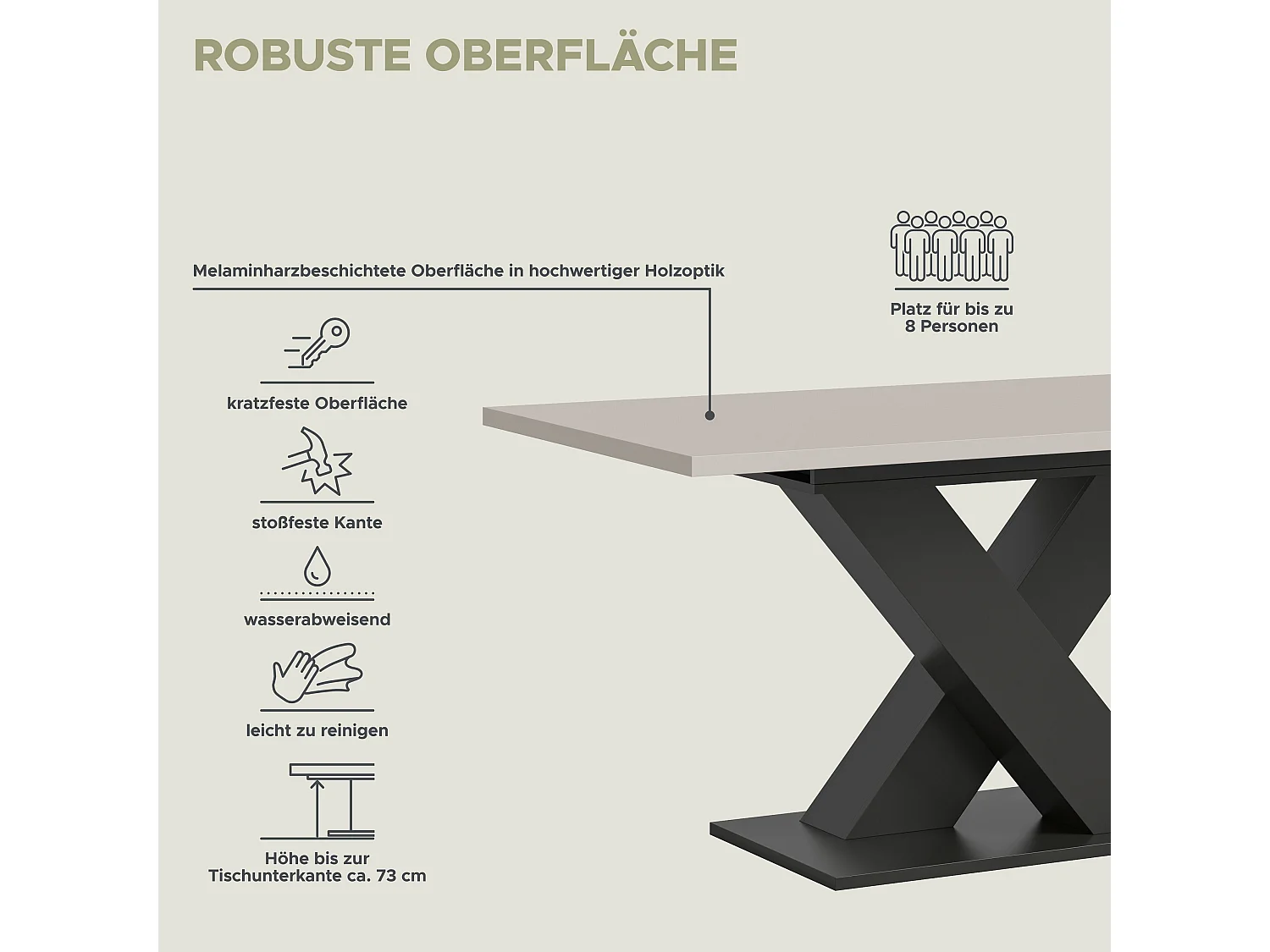 Table de salle à manger MOTION  (lxhxp : env. 150x76x90 cm)avec plateau en cachemire / pied en X  gris