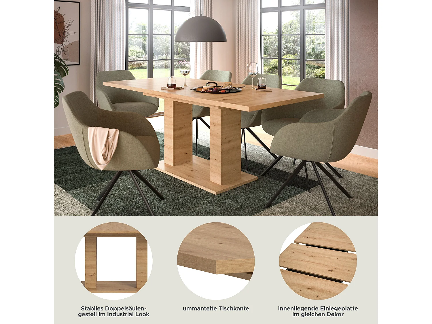 Table de salle à manger MOTION (lxhxp : env. 150x76x90 cm)  avec plateau /pied en U aspect chêne