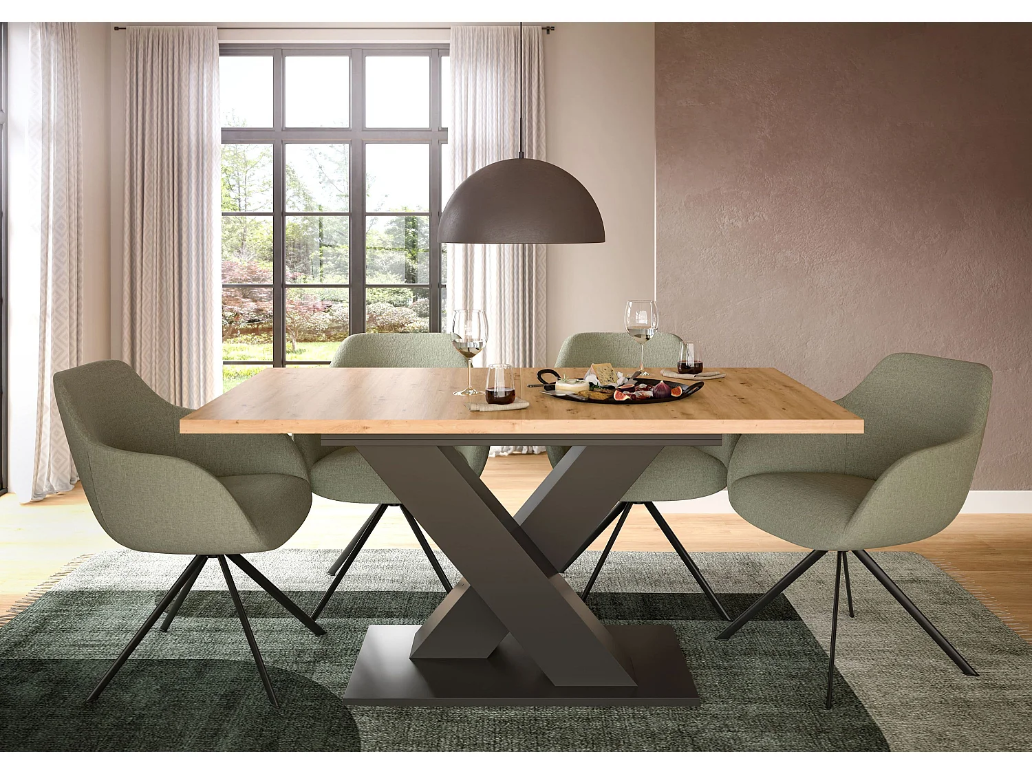 Table de salle à manger MOTION  (lxhxp : env. 150x76x90 cm) avec plateau aspect chêne /pied en V gris