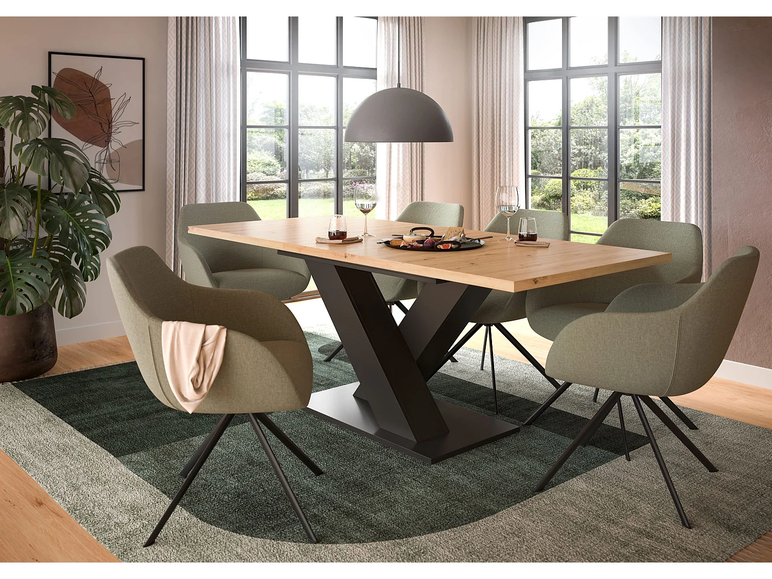 Table de salle à manger MOTION  (lxhxp : env. 150x76x90 cm) avec plateau aspect chêne /pied en V gris