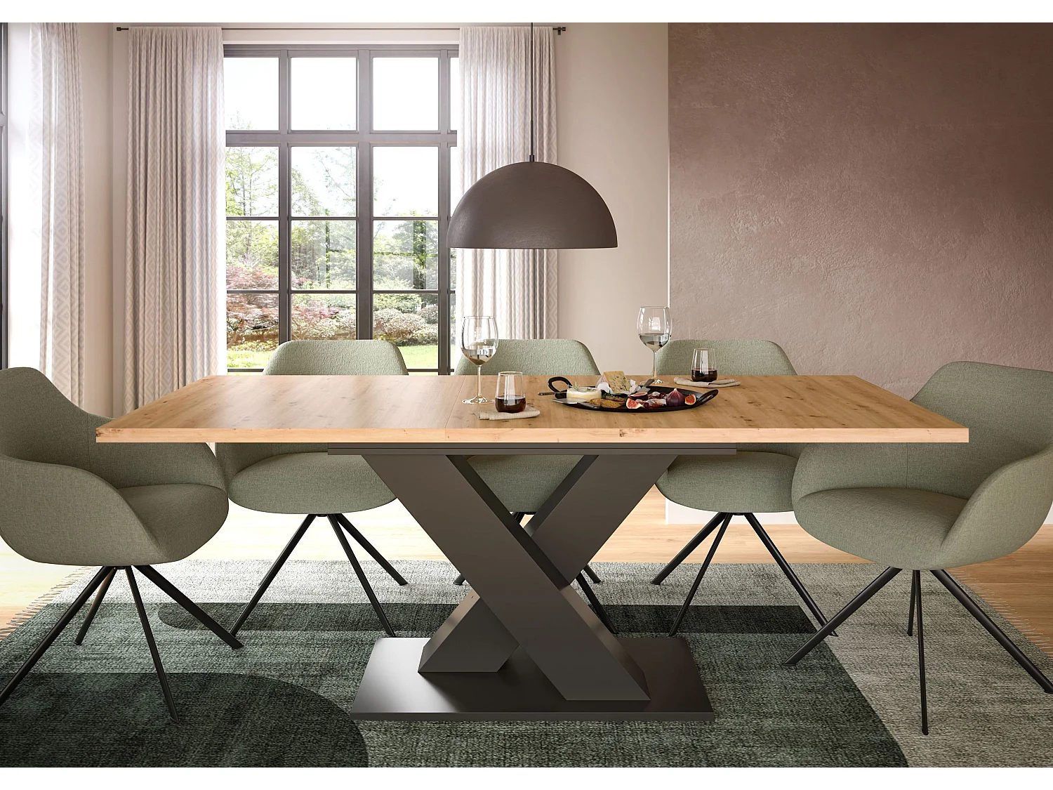 Table de salle à manger MOTION  (lxhxp : env. 150x76x90 cm) avec plateau aspect chêne /pied en V gris