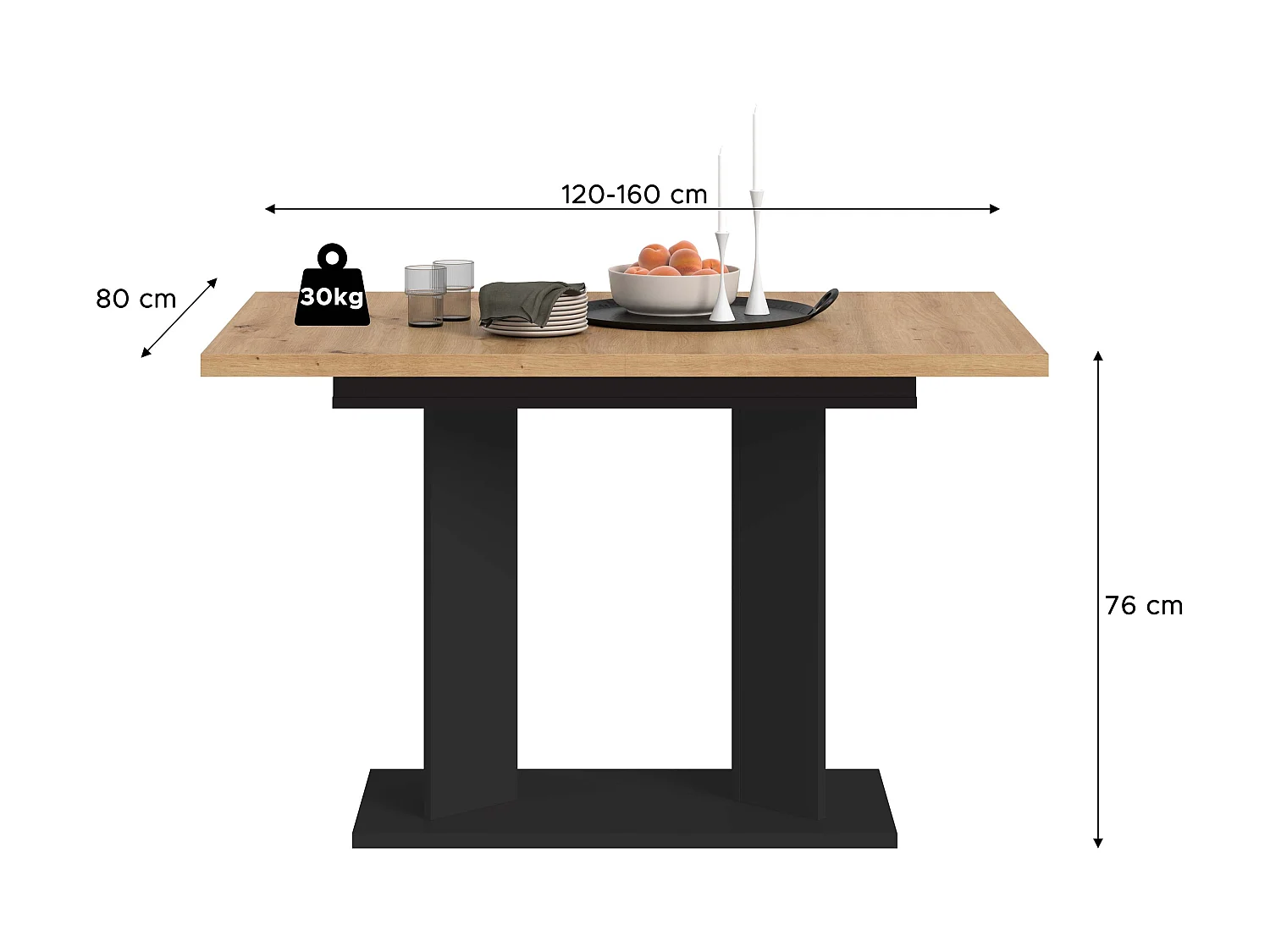 Table de salle à manger GUSTAV (lxhxp : env. 160x76x80 cm) avec plateau aspect chêne / pied en U  noir