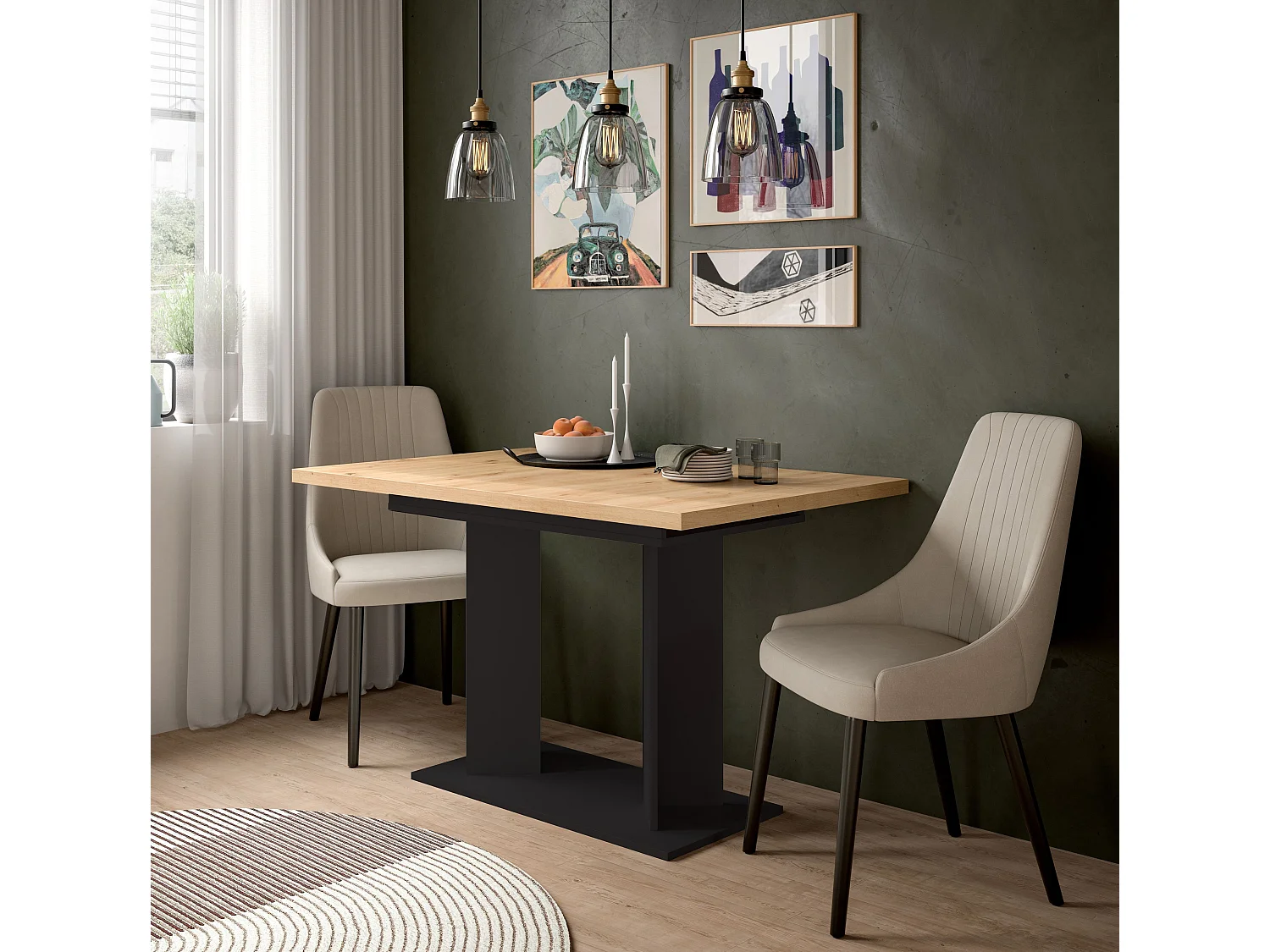 Table de salle à manger GUSTAV (lxhxp : env. 160x76x80 cm) avec plateau aspect chêne / pied en U  noir