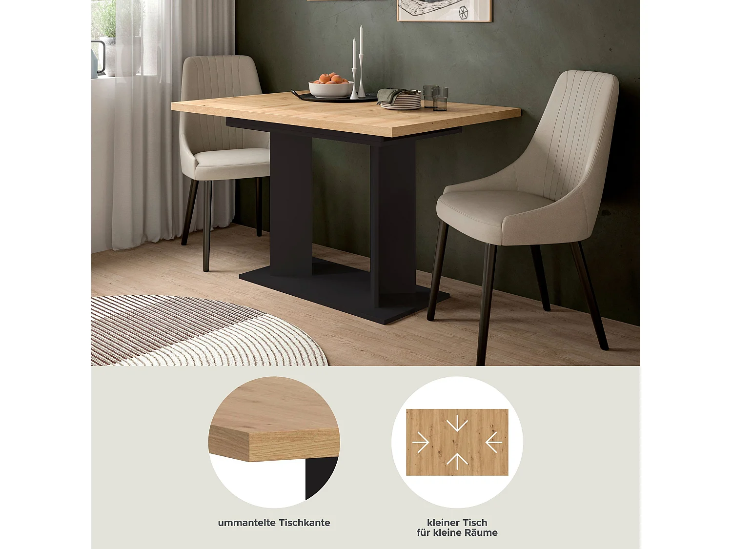 Table de salle à manger GUSTAV (lxhxp : env. 160x76x80 cm) avec plateau aspect chêne / pied en U  noir