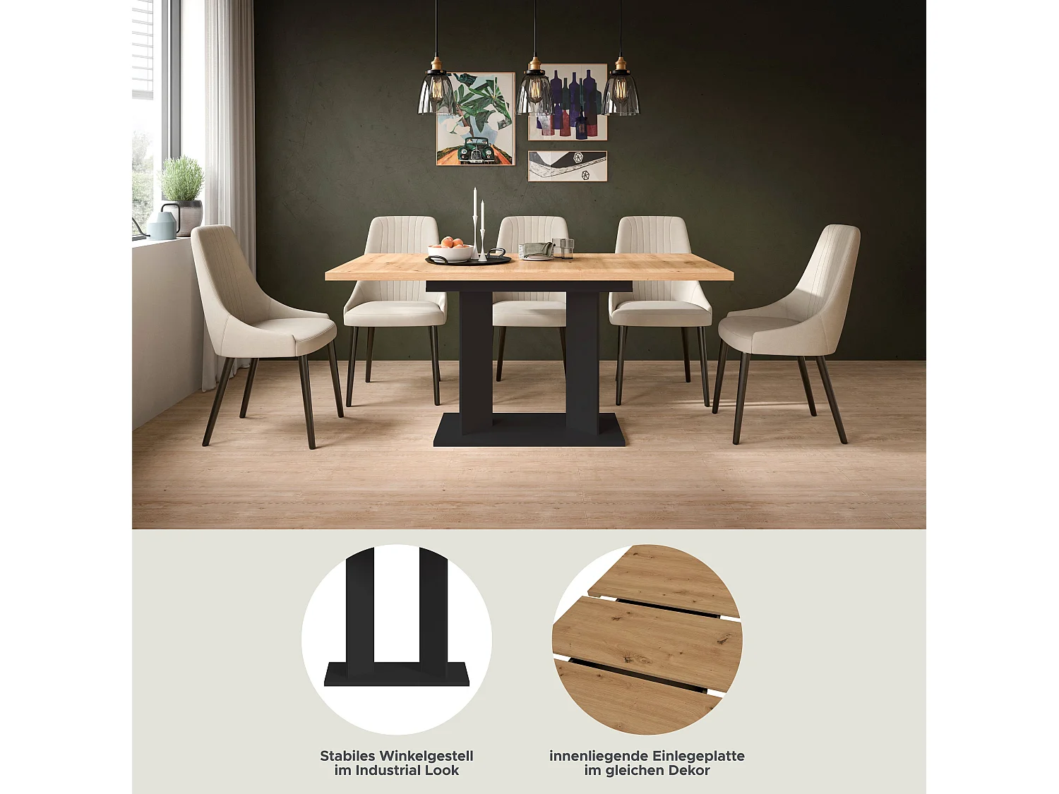 Table de salle à manger GUSTAV (lxhxp : env. 160x76x80 cm) avec plateau aspect chêne / pied en U  noir