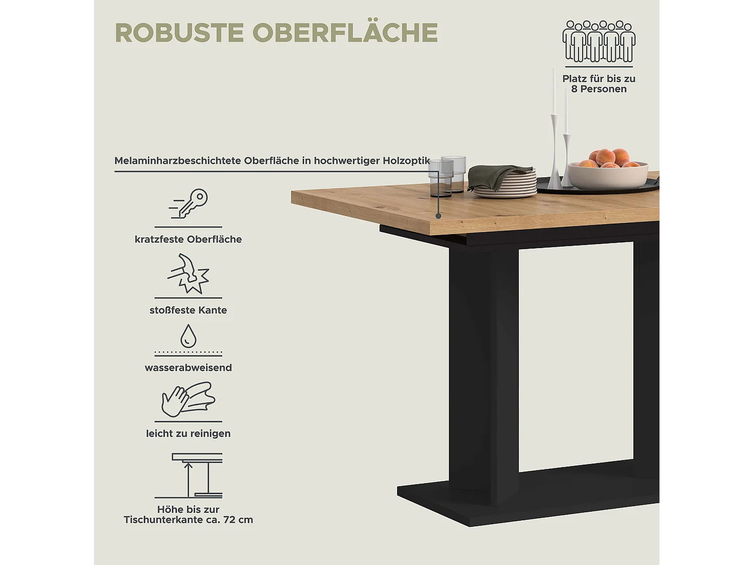 Table de salle à manger GUSTAV (lxhxp : env. 160x76x80 cm) avec plateau aspect chêne / pied en U  noir