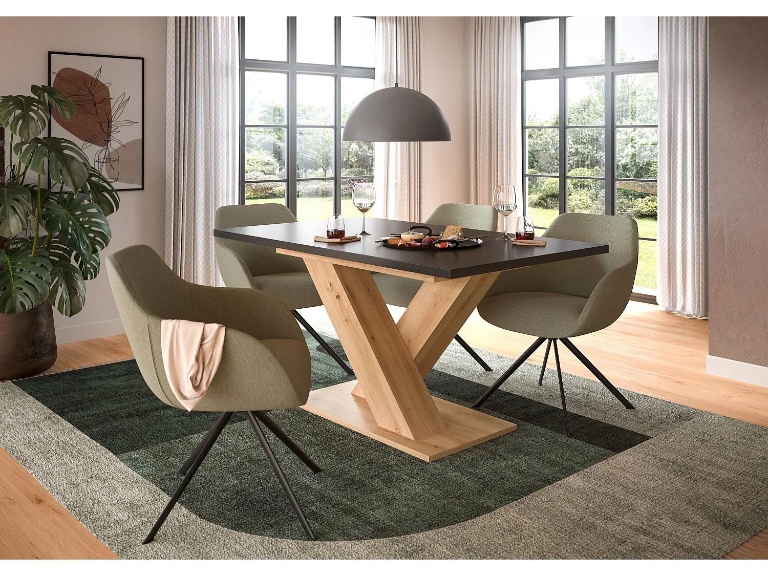 Table de salle à manger MOTION (lxhxp : env. 150x76x90 cm) avec plateau gris /pied en X chêne artisan