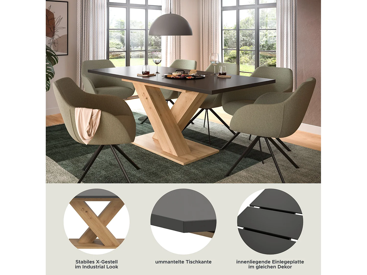 Table de salle à manger MOTION (lxhxp : env. 150x76x90 cm) avec plateau gris /pied en X chêne artisan