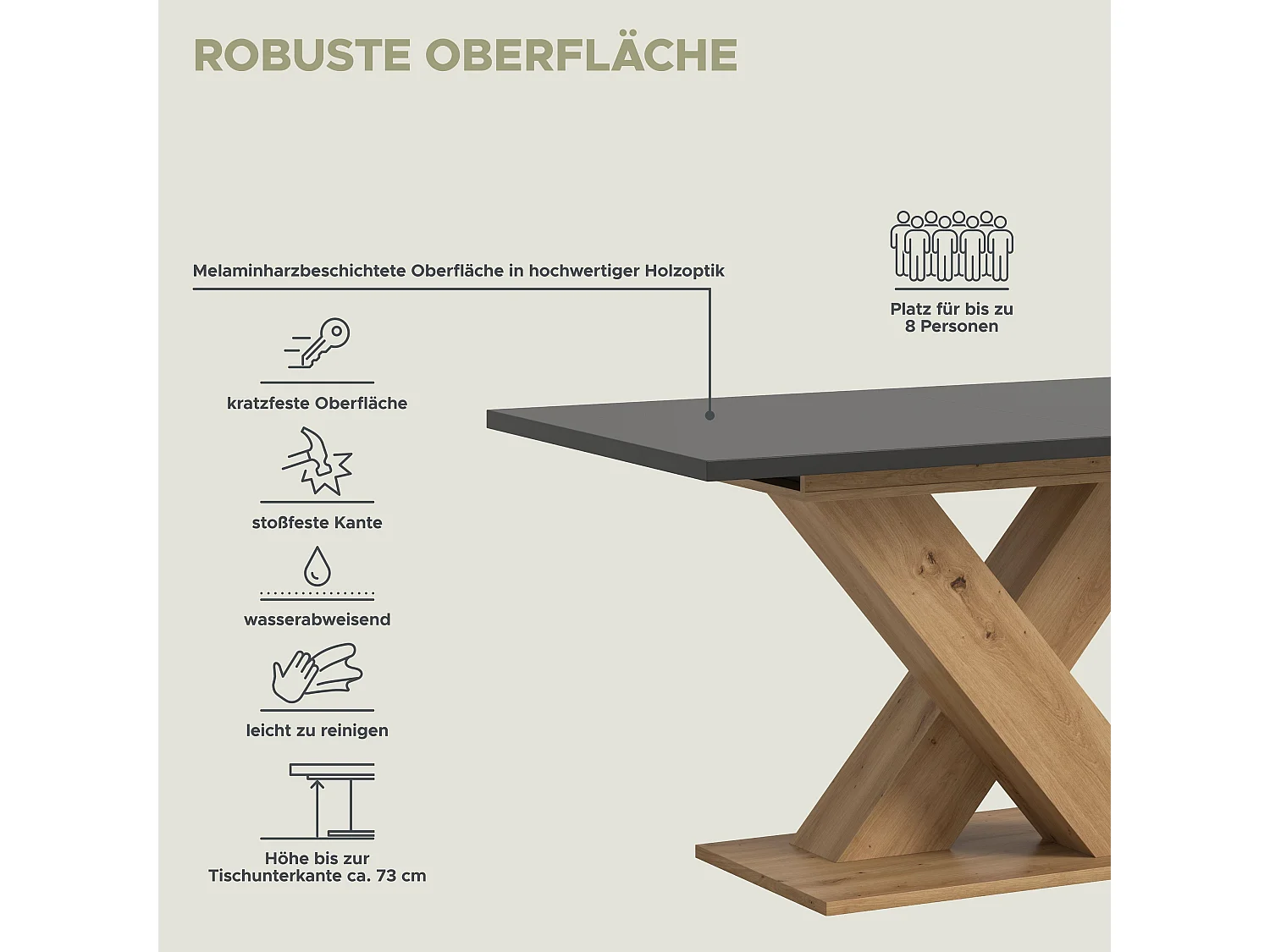Table de salle à manger MOTION (lxhxp : env. 150x76x90 cm) avec plateau gris /pied en X chêne artisan