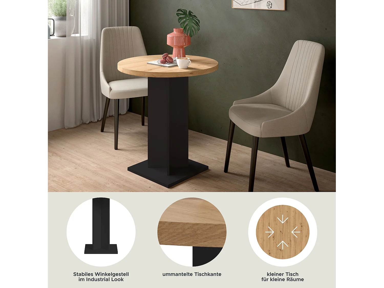 Table de salle à manger GUSTAV   (lxhxp : env. 70x76x70 cm) avec plateau  chêne artisan/pied noir