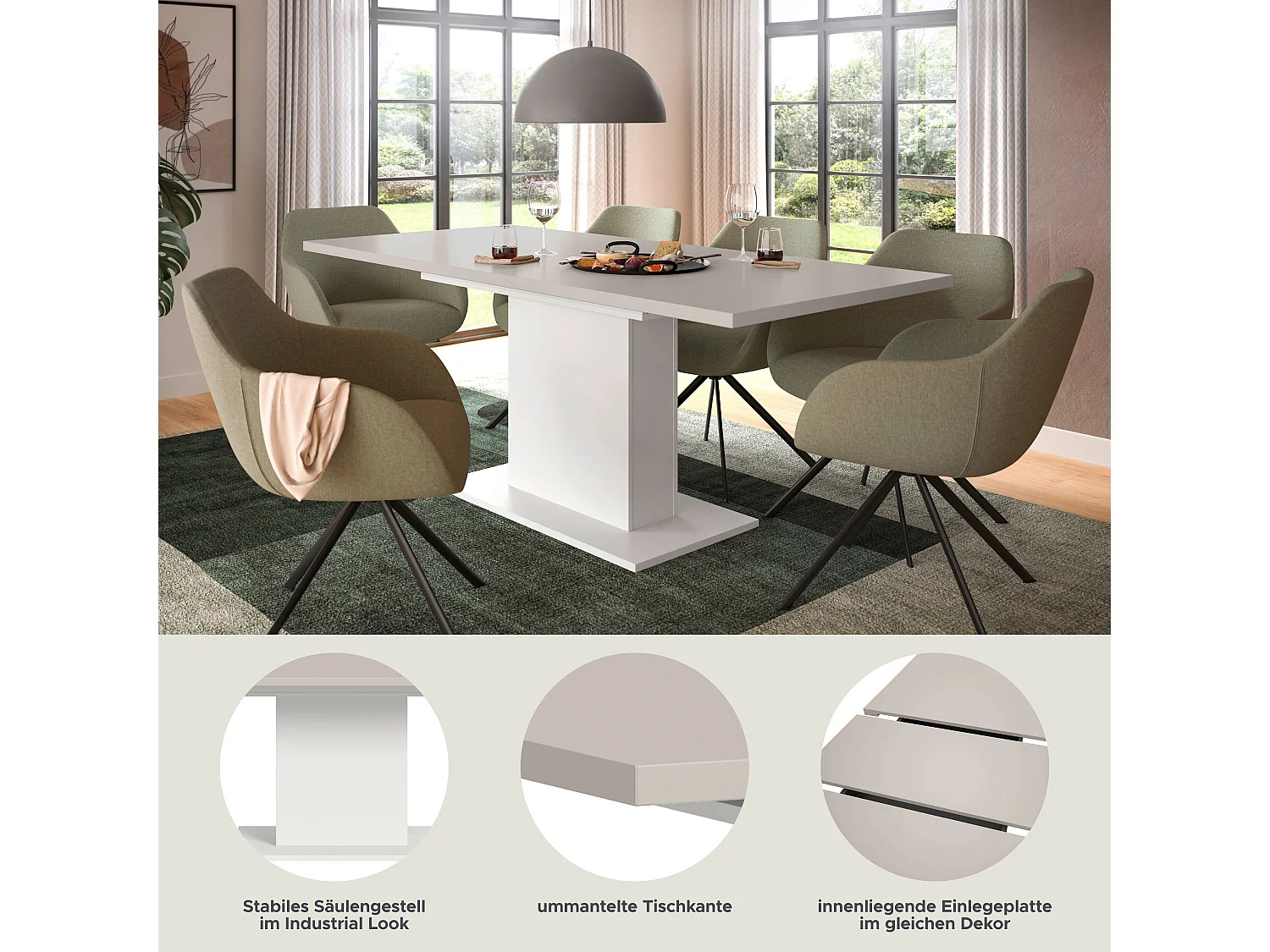 Table de salle à manger MOTION (lxhxp : env. 150x76x90 cm) avec plateau en cachemire/ pied  central blanc