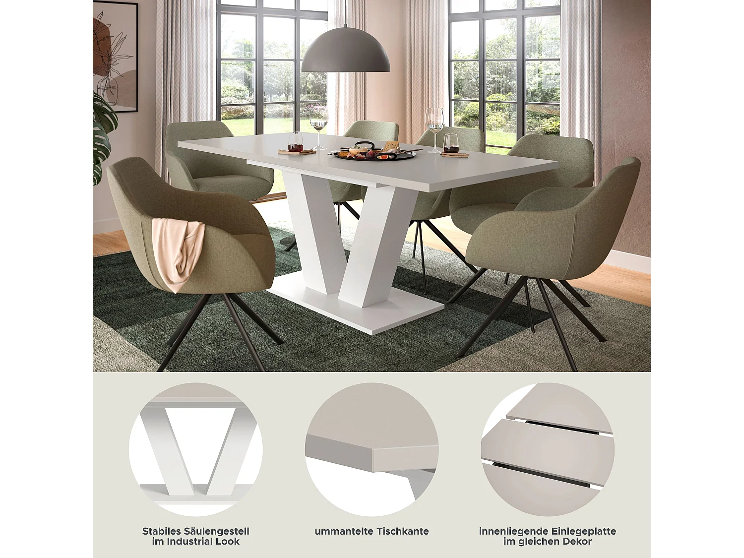 Table de salle à manger MOTION (lxhxp : env. 150x76x90 cm)avec plateau en cachemire et pied en V blanc