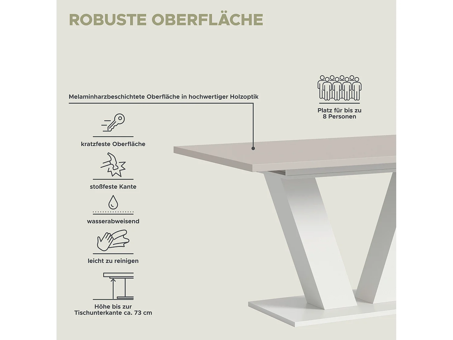 Table de salle à manger MOTION (lxhxp : env. 150x76x90 cm)avec plateau en cachemire et pied en V blanc