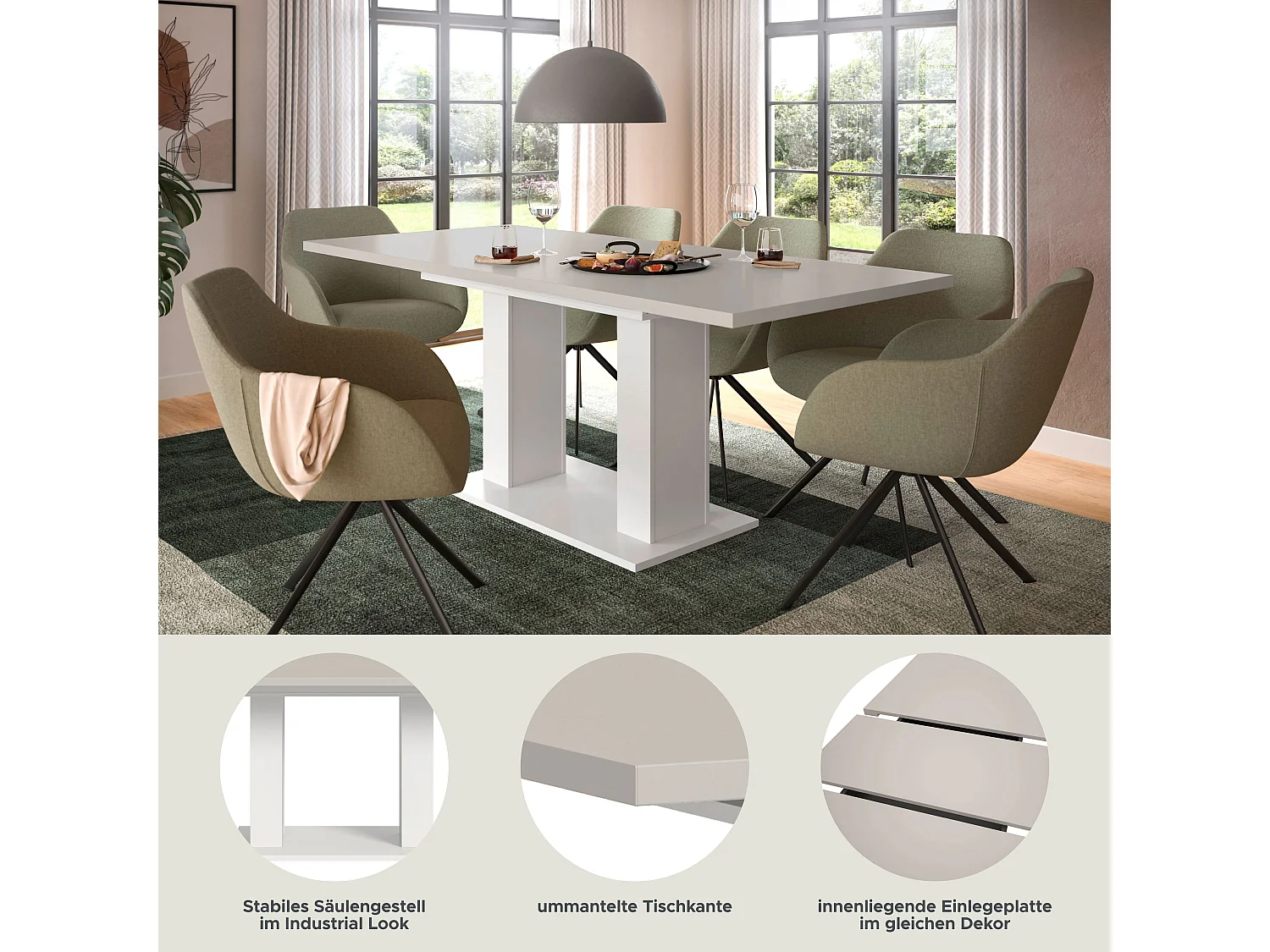 Table de salle à manger MOTION   (lxhxp : env. 150x76x90 cm) avec plateau en cachemire / pied en U blanc