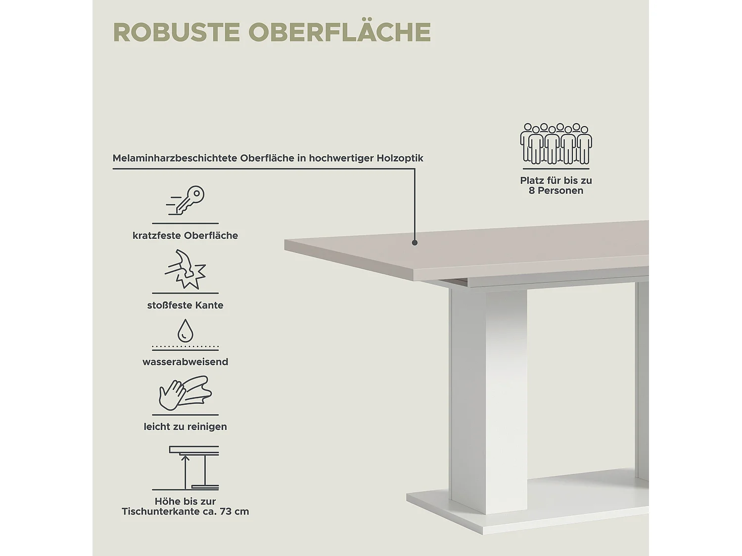 Table de salle à manger MOTION   (lxhxp : env. 150x76x90 cm) avec plateau en cachemire / pied en U blanc
