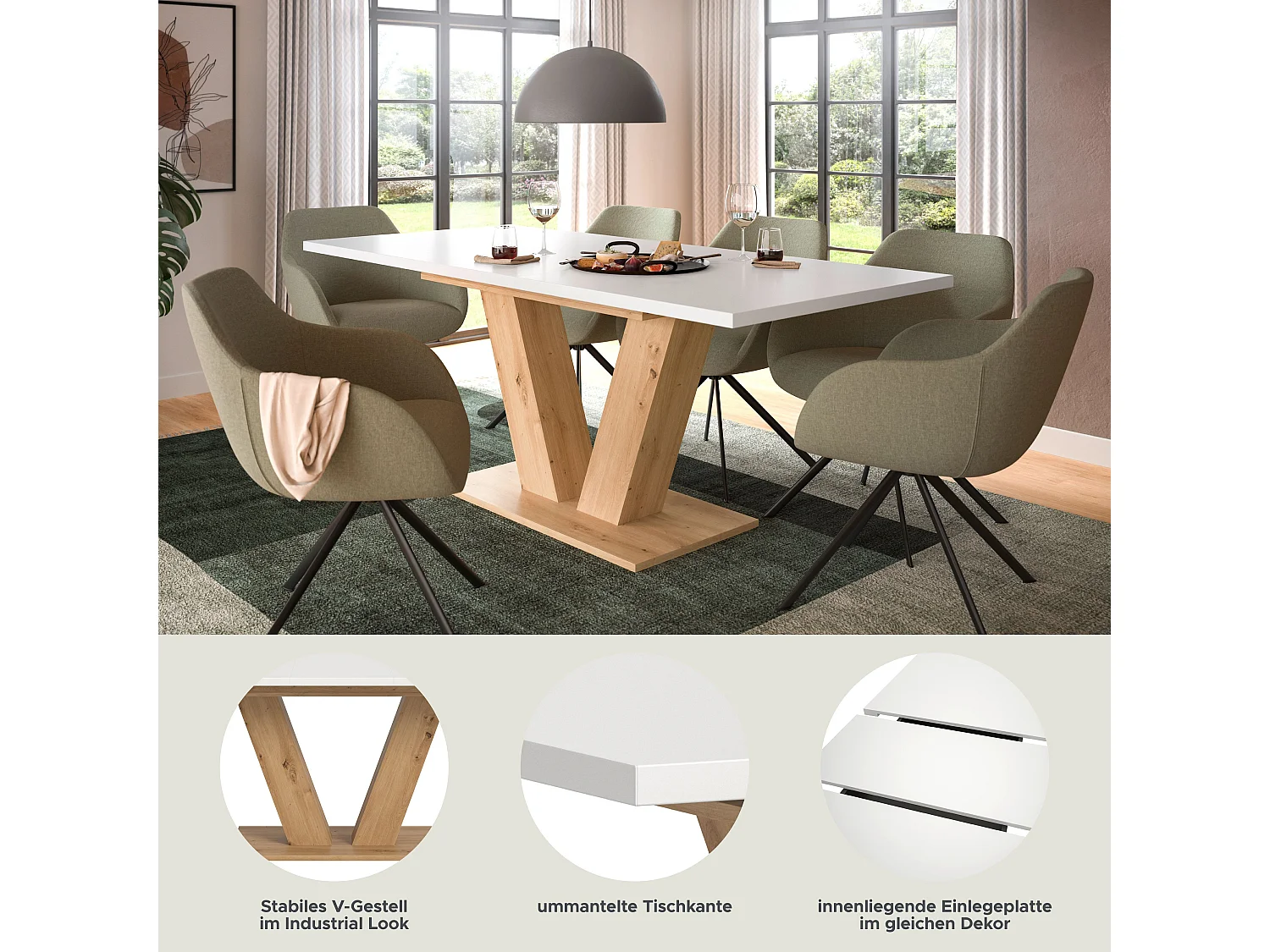 Table de salle à manger MOTION (LxHxP : env. 150x76x90 cm) Chêne Artisan et blanc