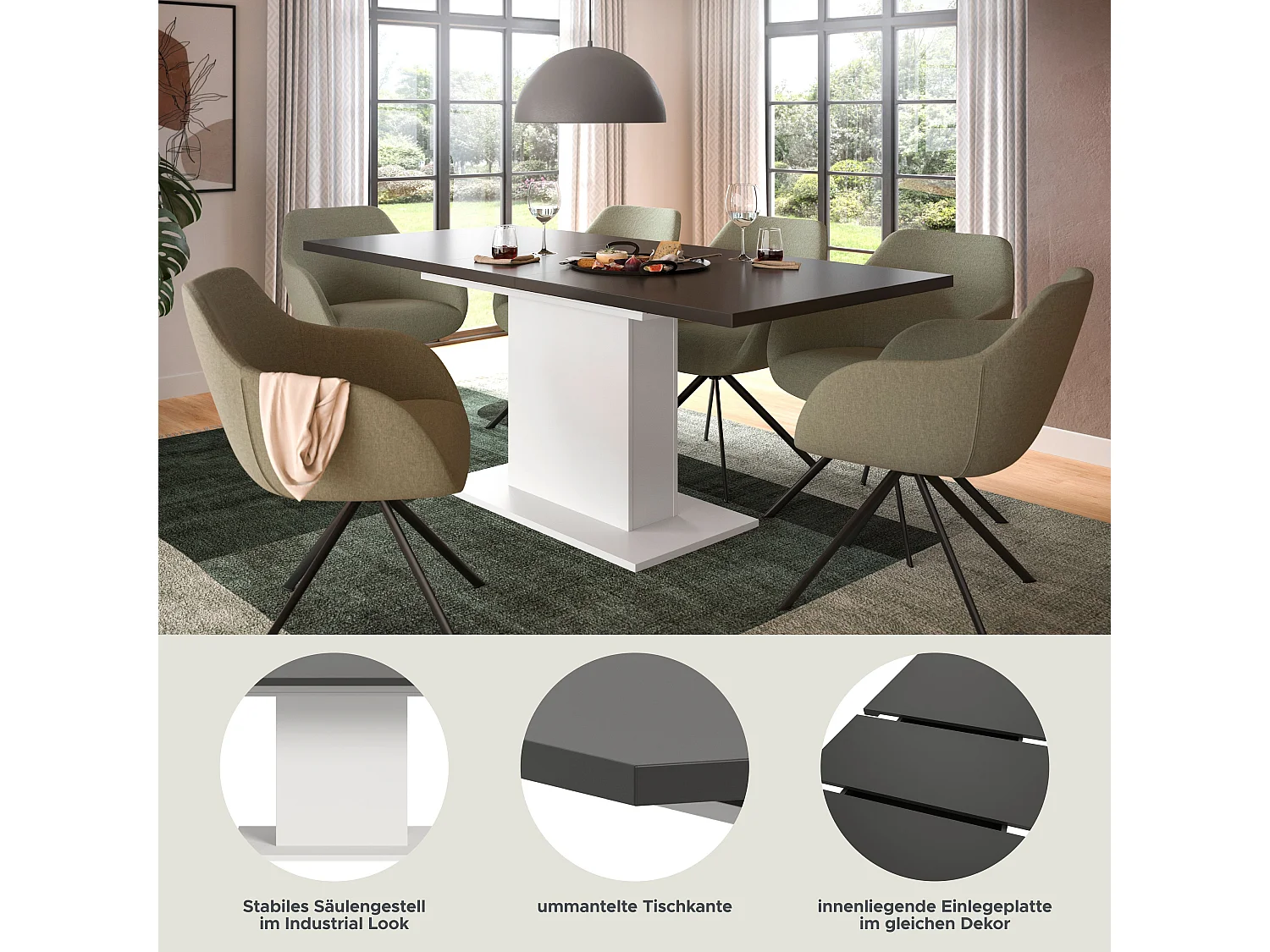 Table de salle à manger MOTION (lxhxp : env. 150x76x90 cm) avec plateau  gris /pied central blanc