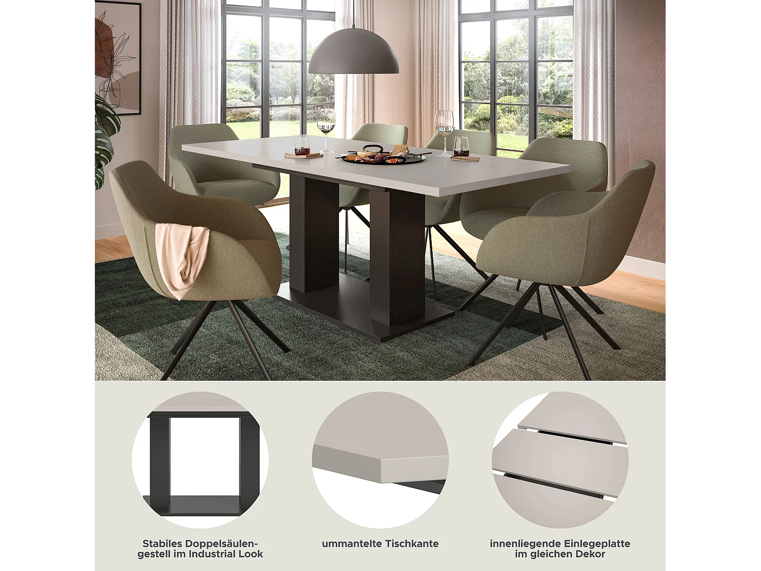 Table de salle à manger MOTION  (lxhxp : env. 150x76x90 cm) avec plateau cachemire/ pied en U gris