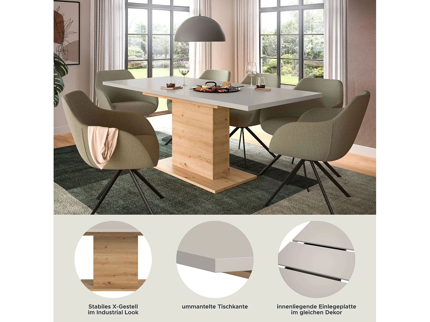 Table de salle à manger MOTION (lxhxp : env. 150x76x90 cm) avec plateau cachemire / pied central chêne artisan