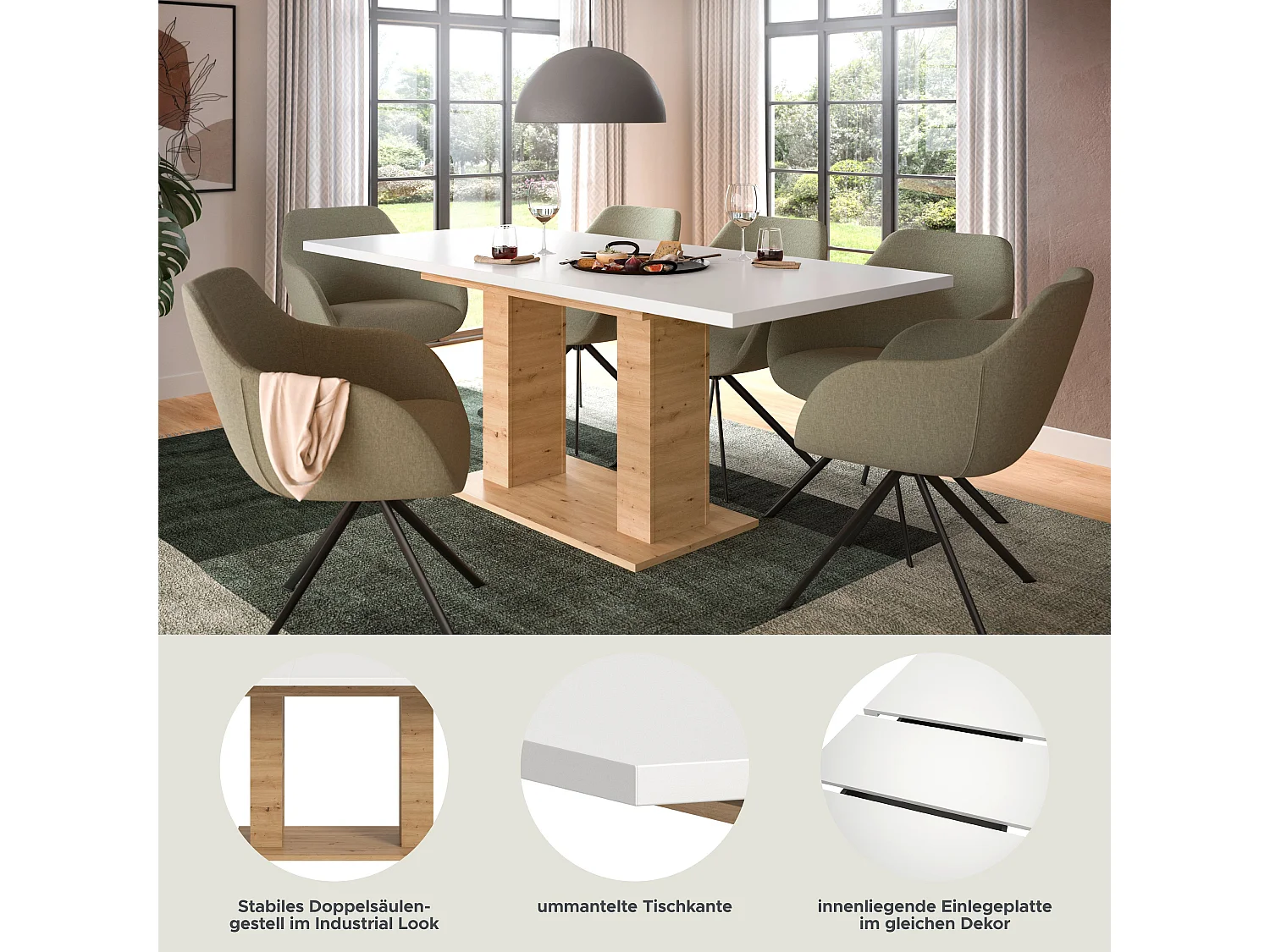 Table de salle à manger MOTION (lxhxp : env. 150x76x90 cm) avec plateau blanc / pied en U aspect chêne