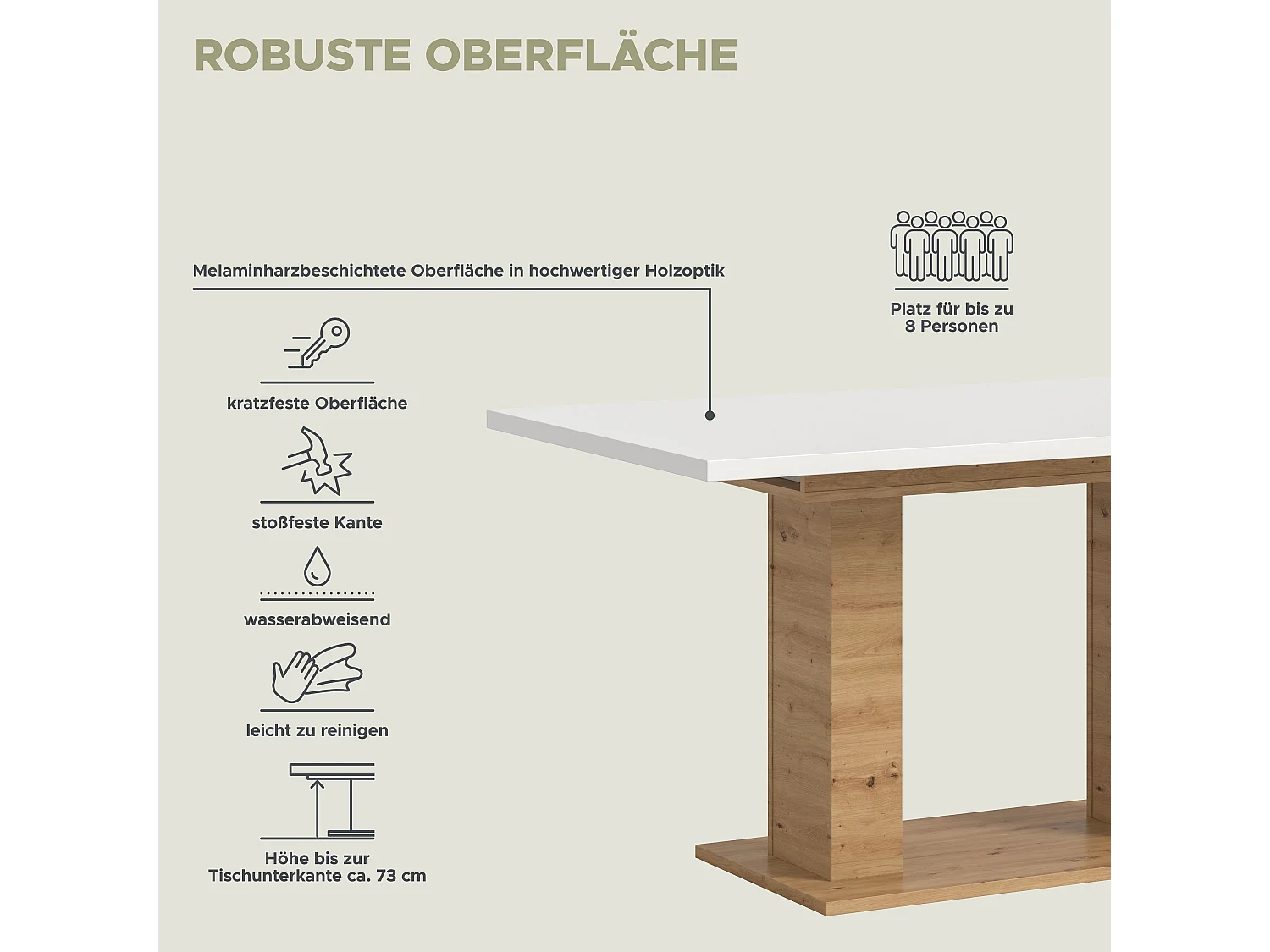 Table de salle à manger MOTION (lxhxp : env. 150x76x90 cm) avec plateau blanc / pied en U aspect chêne