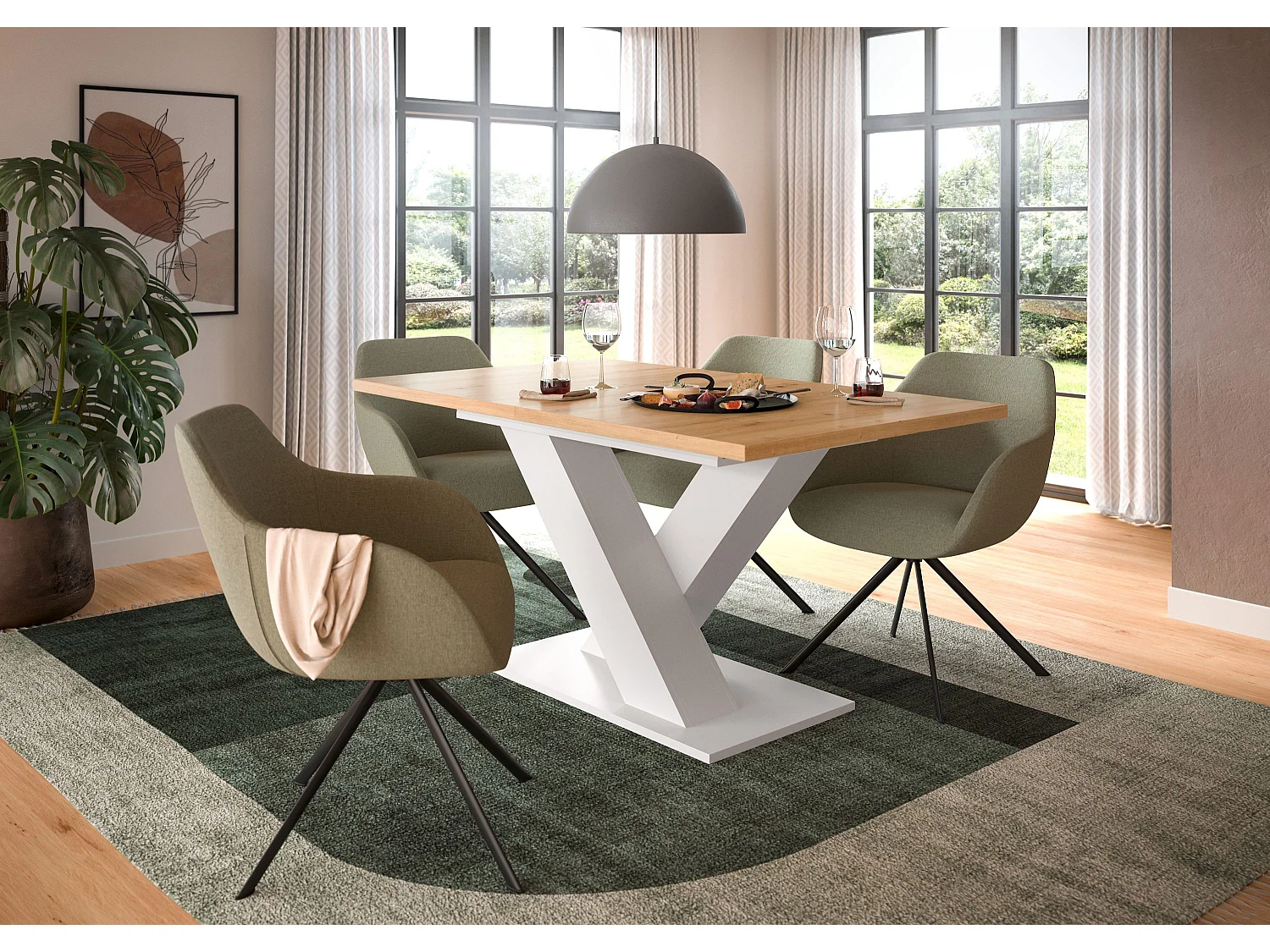 Table de salle à manger MOTION  (lxhxp : env. 150x76x90 cm)avec plateau chêne artisan/pied en X blanc