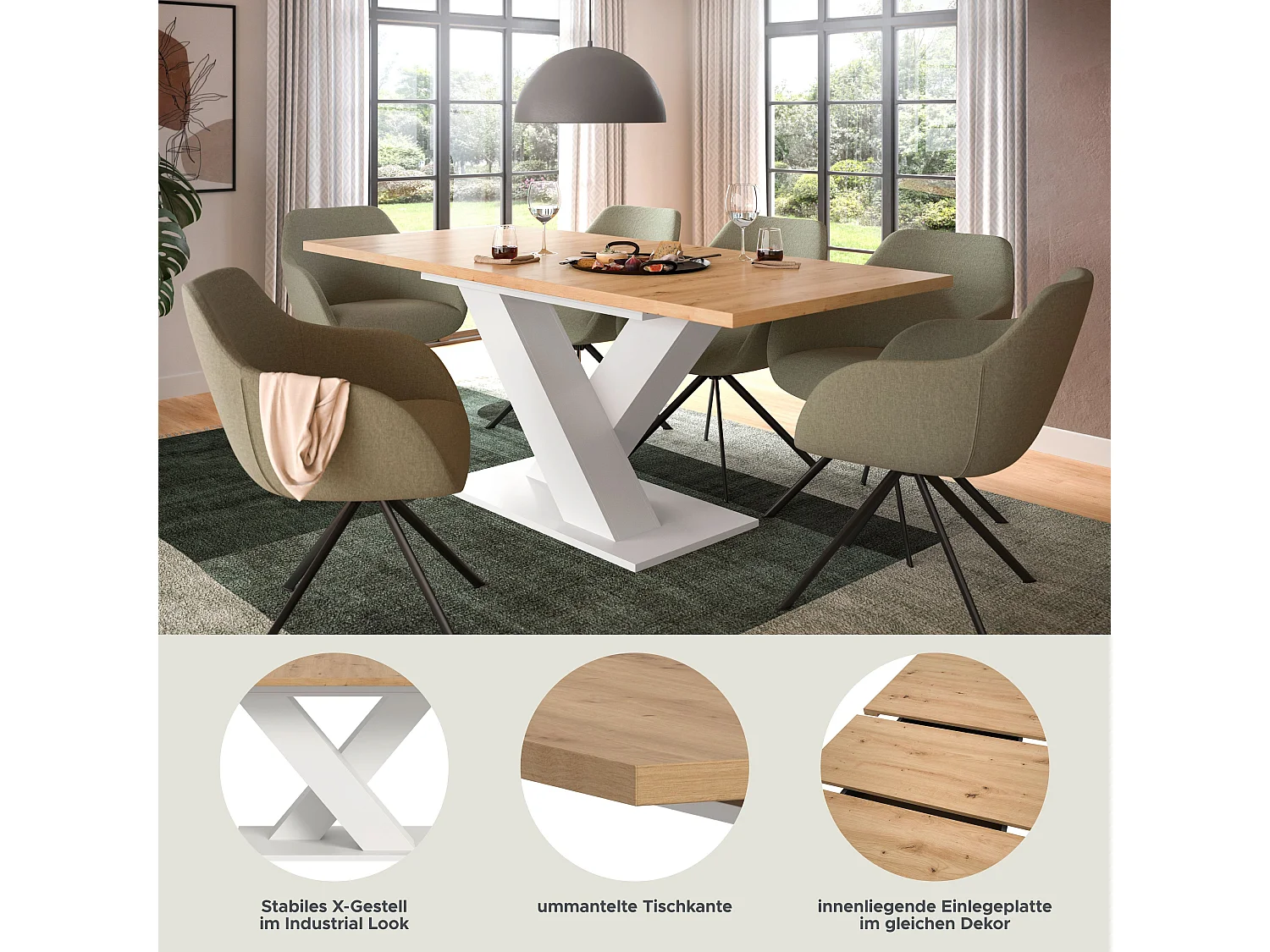 Table de salle à manger MOTION  (lxhxp : env. 150x76x90 cm)avec plateau chêne artisan/pied en X blanc
