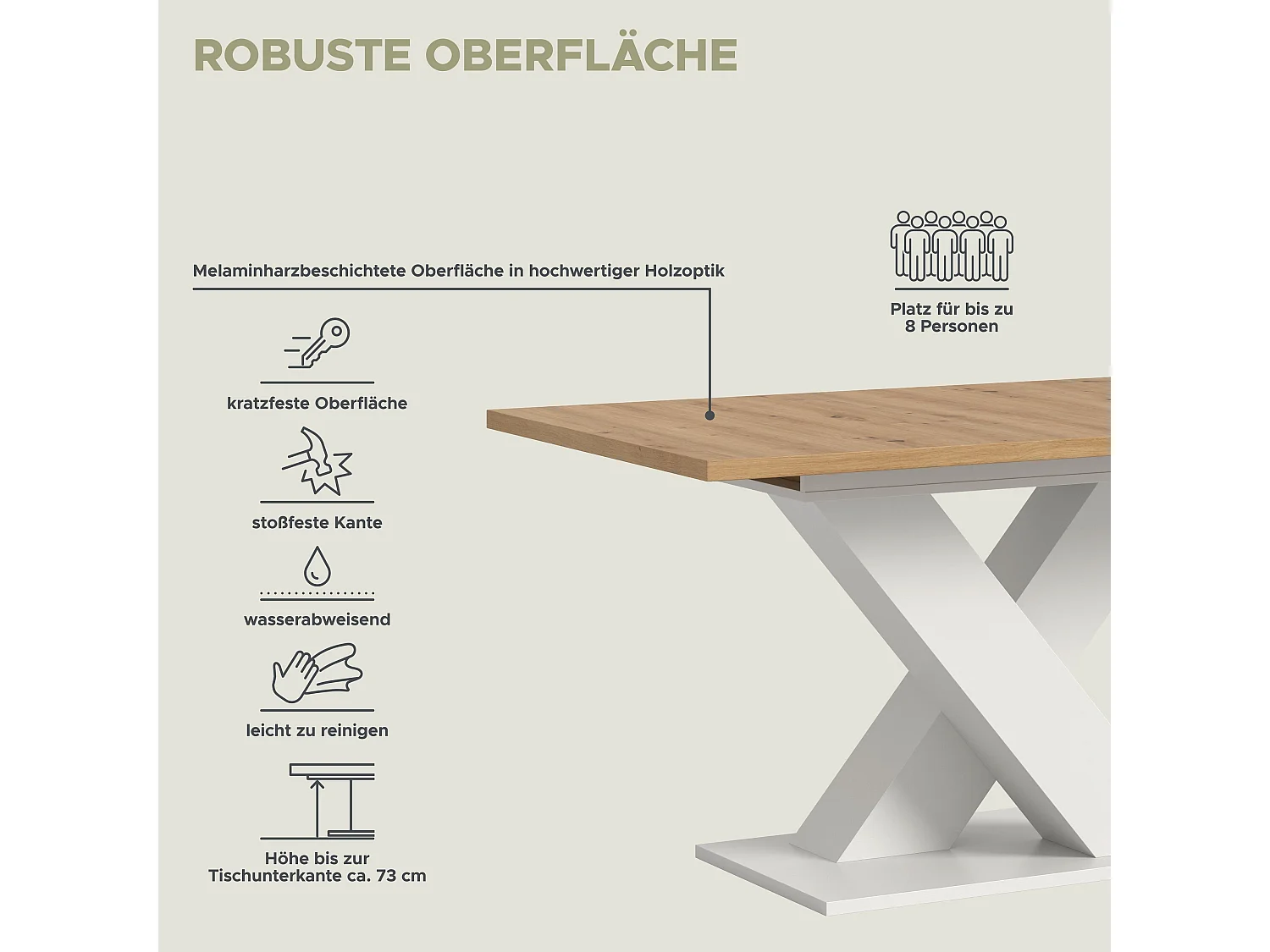 Table de salle à manger MOTION  (lxhxp : env. 150x76x90 cm)avec plateau chêne artisan/pied en X blanc