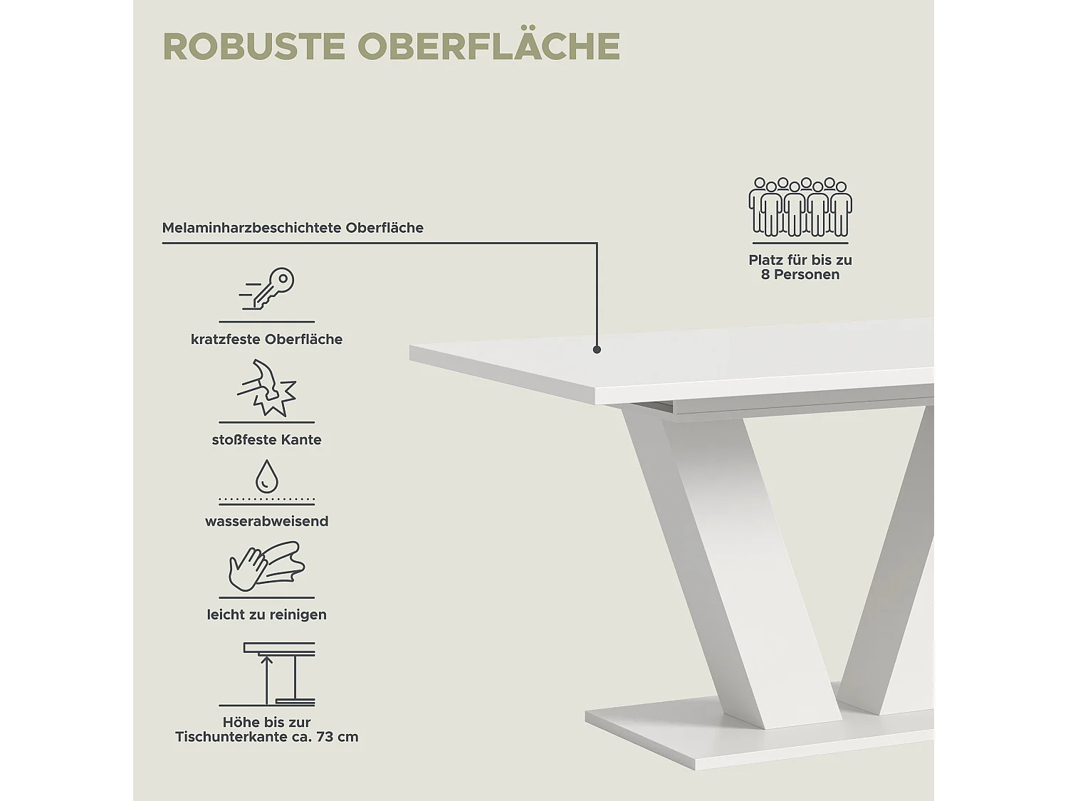 Table de salle à manger MOTION (lxhxp : env. 150x76x90 cm)avec plateau et pied en V blanc