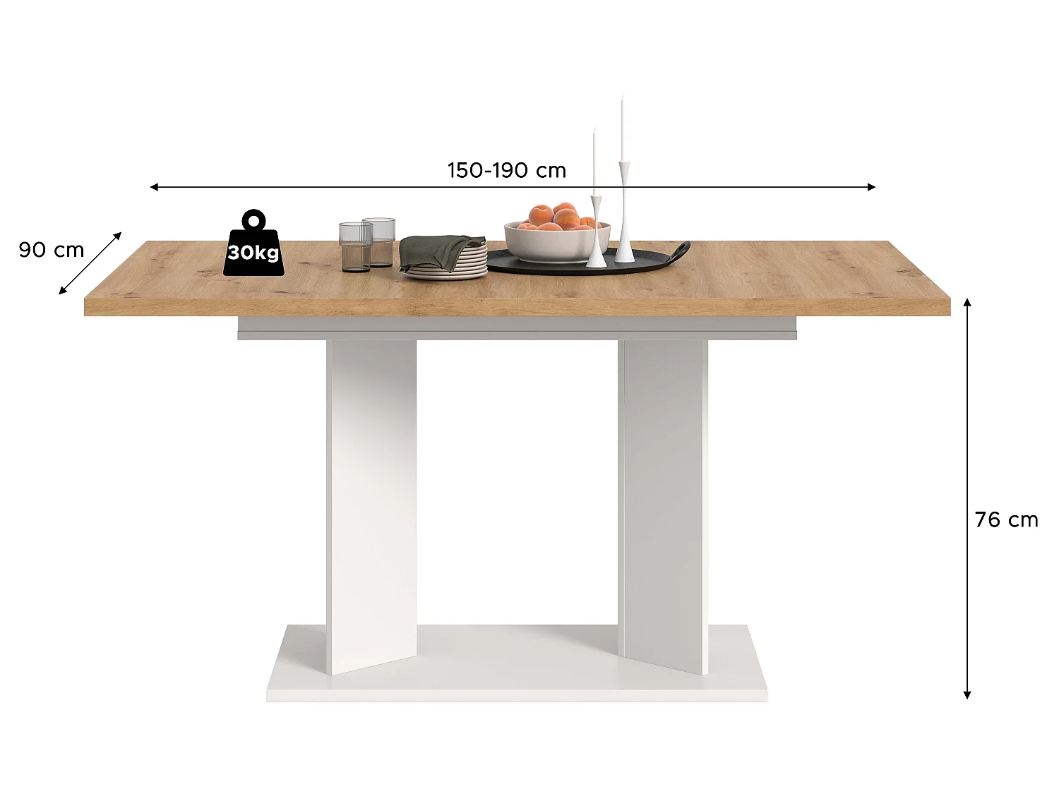 Table de salle à manger GUSTAV (lxhxp : env. 190x76x90 cm), avec plateau aspect chêne/ pied blanc