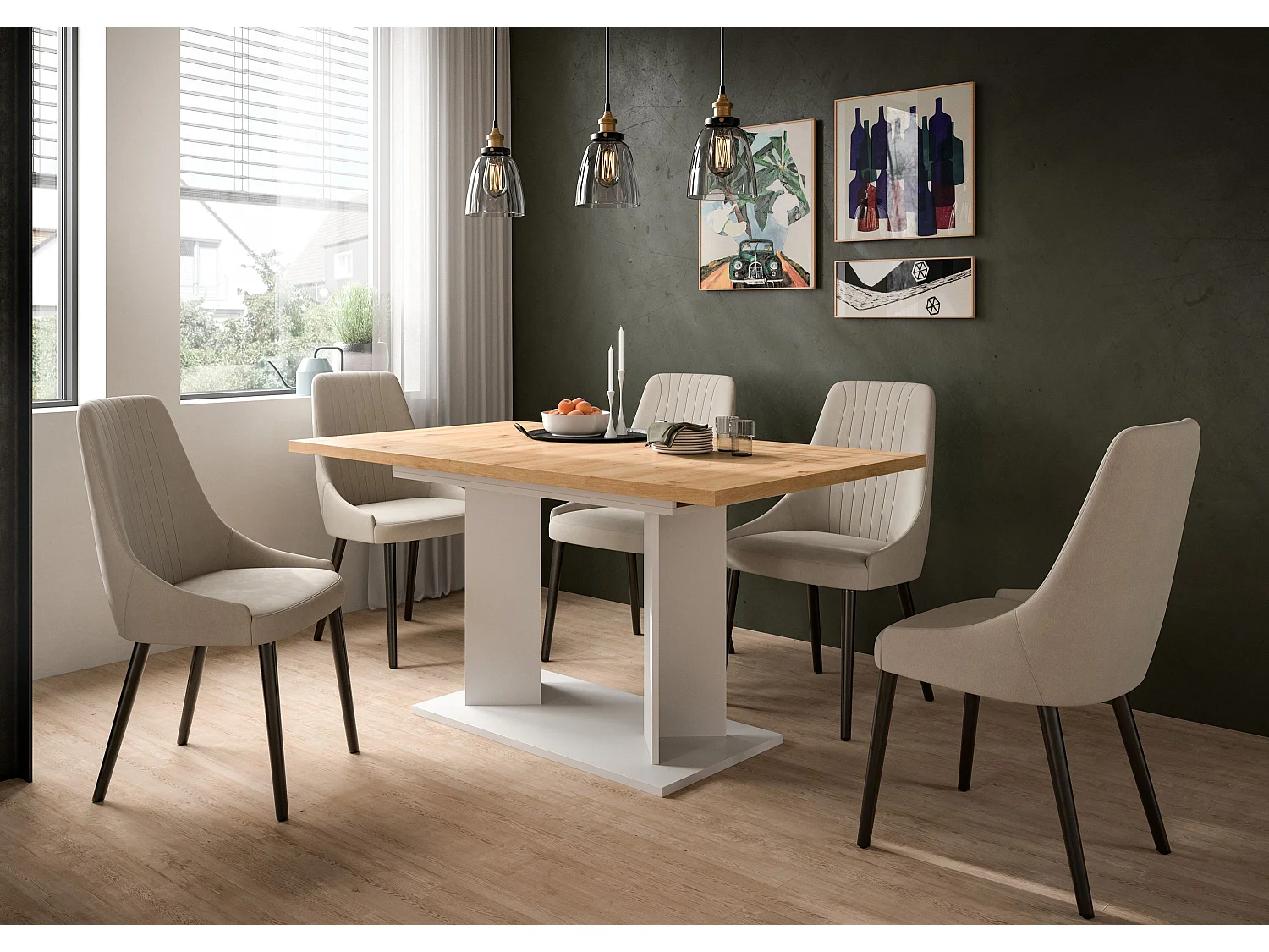 Table de salle à manger GUSTAV (lxhxp : env. 190x76x90 cm), avec plateau aspect chêne/ pied blanc