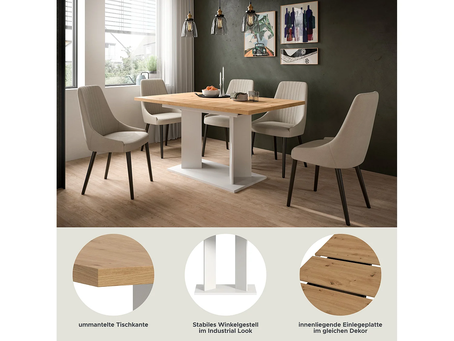 Table de salle à manger GUSTAV (lxhxp : env. 190x76x90 cm), avec plateau aspect chêne/ pied blanc
