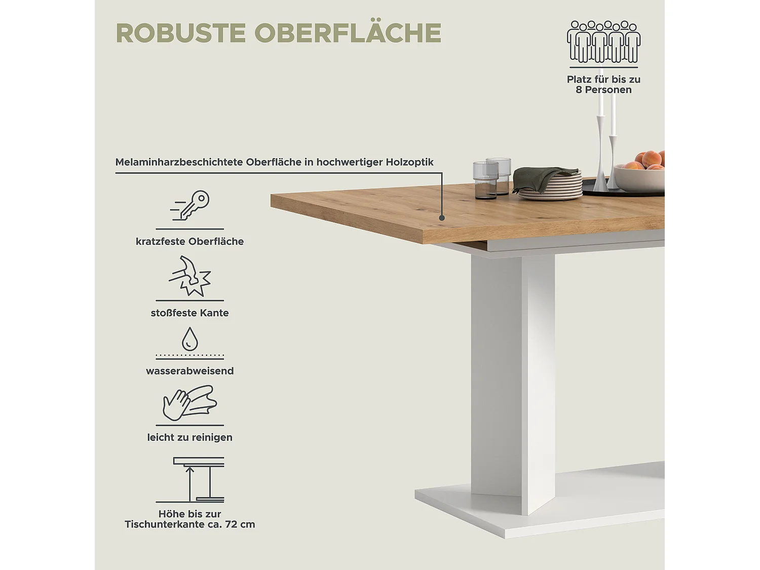 Table de salle à manger GUSTAV (lxhxp : env. 190x76x90 cm), avec plateau aspect chêne/ pied blanc