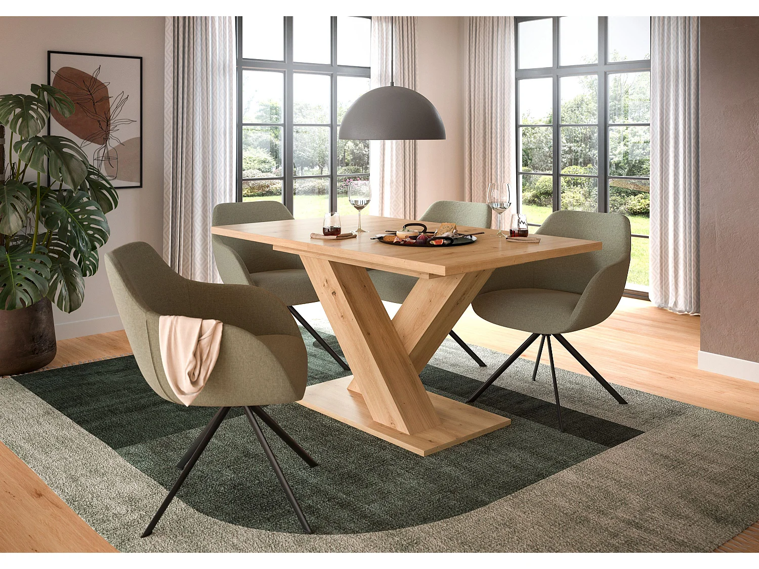 Table de salle à manger MOTION  (lxhxp : env. 150x76x90 cm)avec plateau/pied en X  chêne artisan