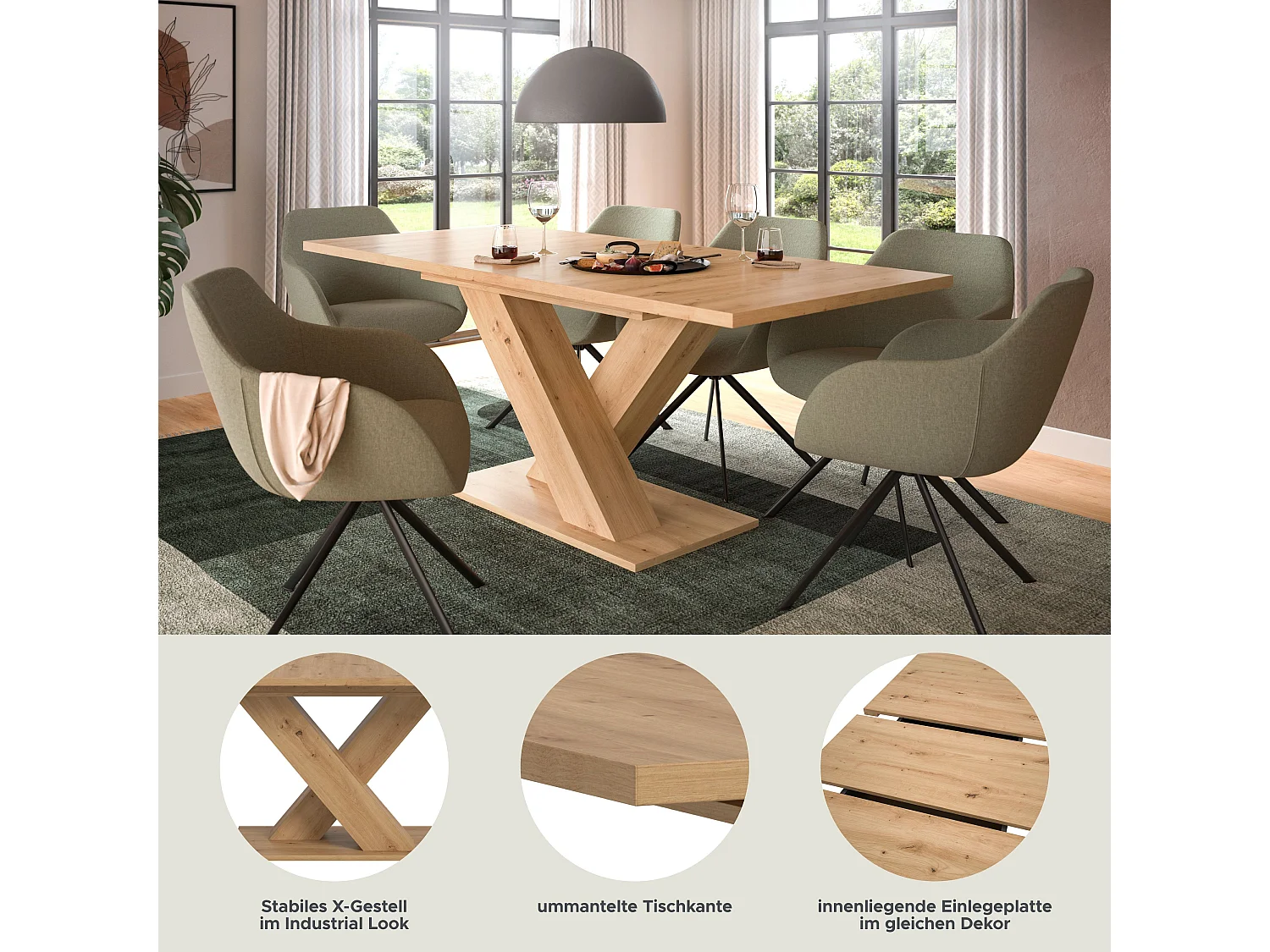 Table de salle à manger MOTION  (lxhxp : env. 150x76x90 cm)avec plateau/pied en X  chêne artisan