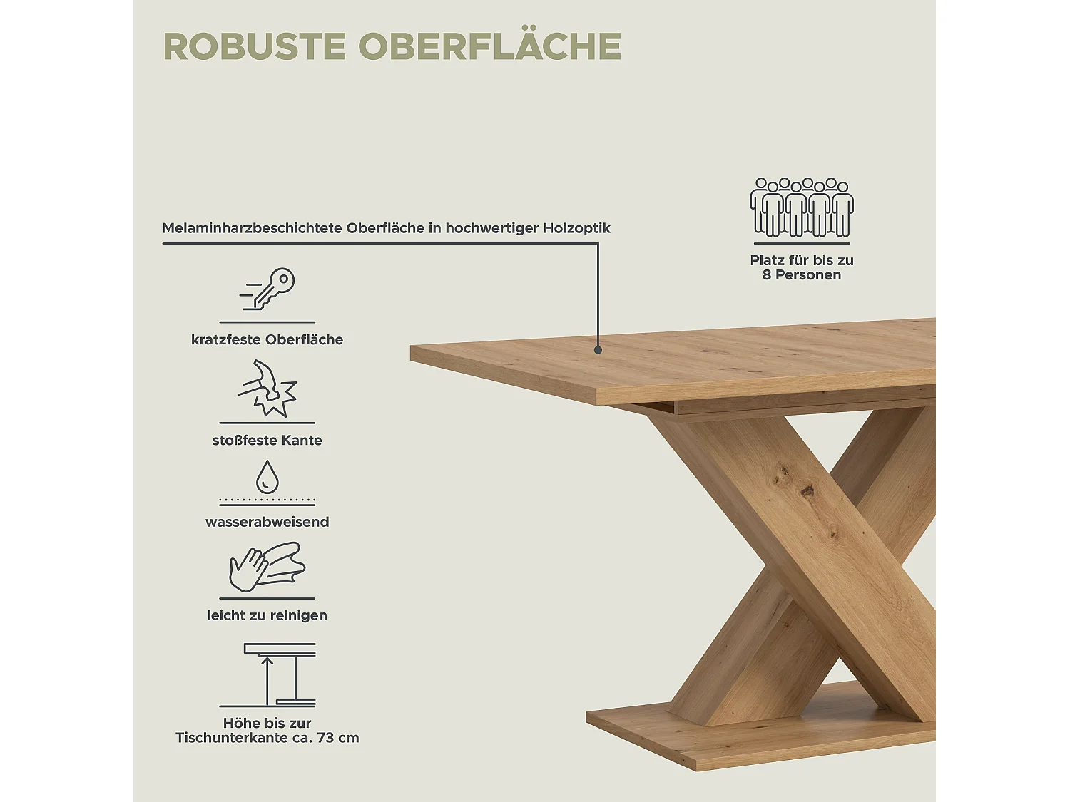 Table de salle à manger MOTION  (lxhxp : env. 150x76x90 cm)avec plateau/pied en X  chêne artisan