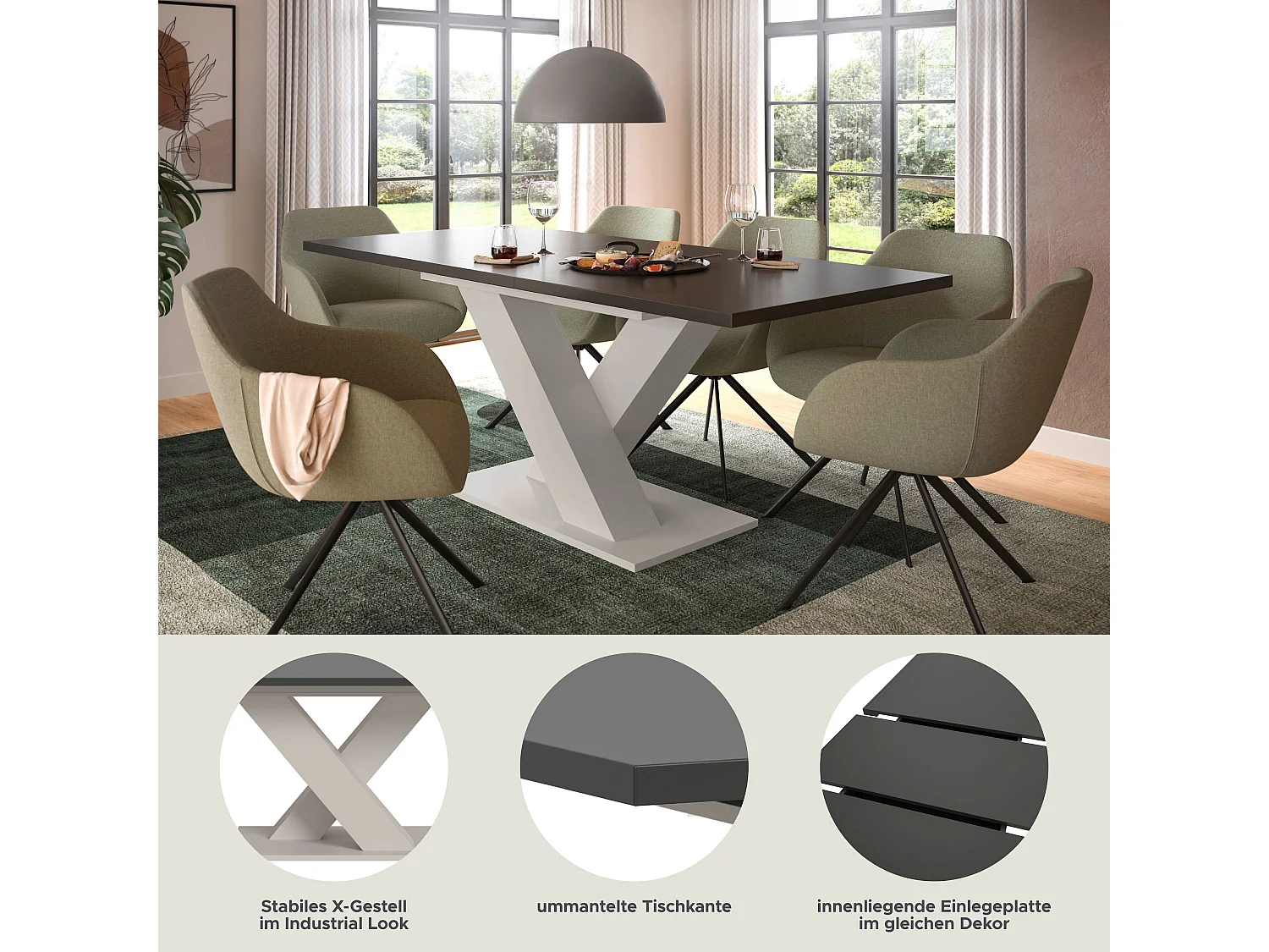 Table de salle à manger MOTION  (lxhxp : env. 150x76x90 cm) avec plateau gris /pied en X cachemire
