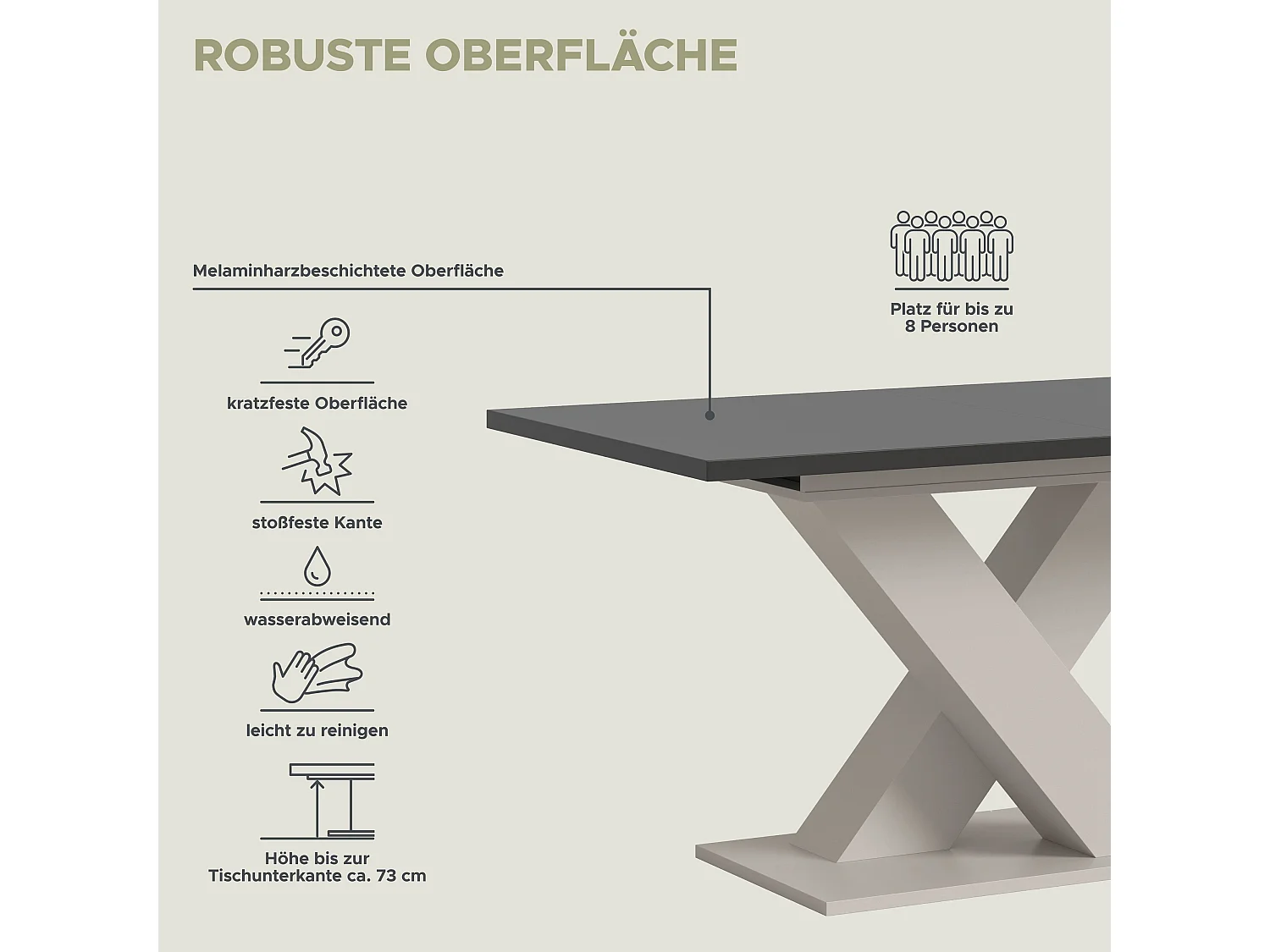Table de salle à manger MOTION  (lxhxp : env. 150x76x90 cm) avec plateau gris /pied en X cachemire
