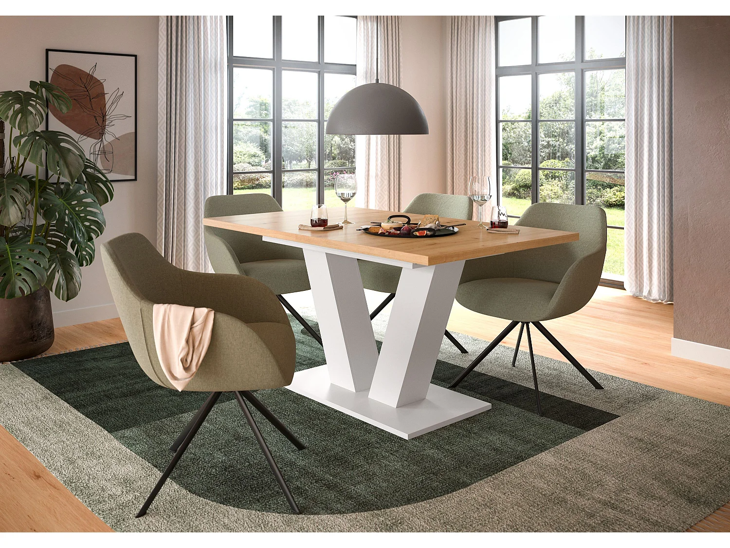 Table de salle à manger MOTION (lxhxp : env. 150x76x90 cm) avec plateau aspect chêne/ pied en V blanc