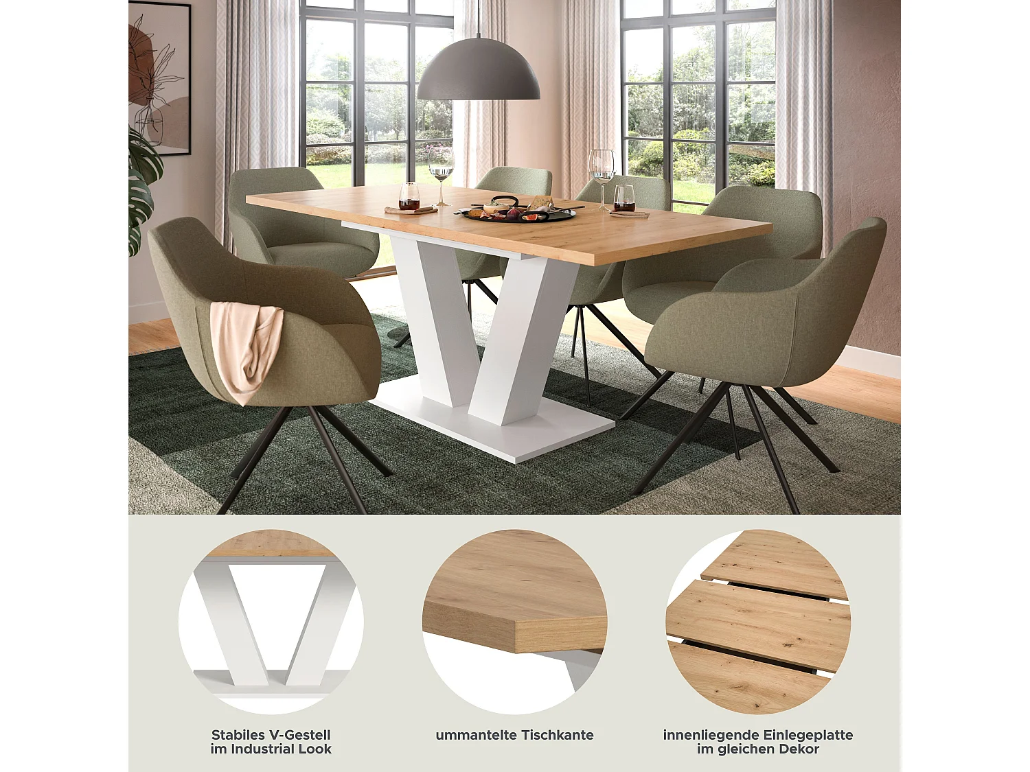 Table de salle à manger MOTION (lxhxp : env. 150x76x90 cm) avec plateau aspect chêne/ pied en V blanc