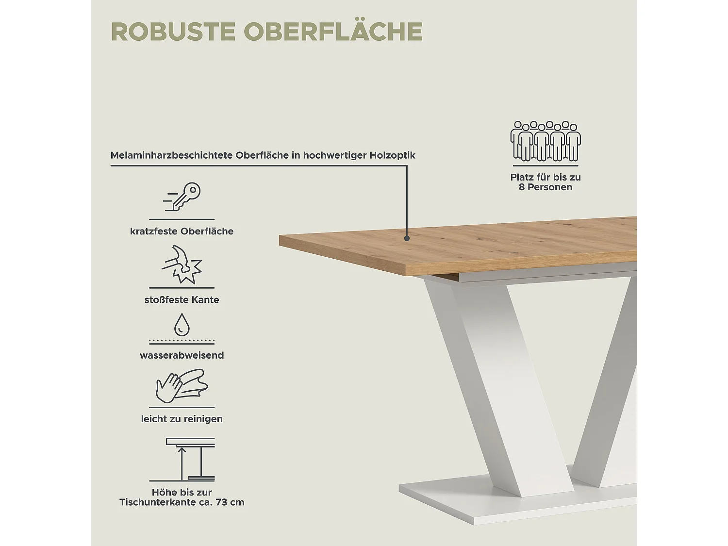 Table de salle à manger MOTION (lxhxp : env. 150x76x90 cm) avec plateau aspect chêne/ pied en V blanc