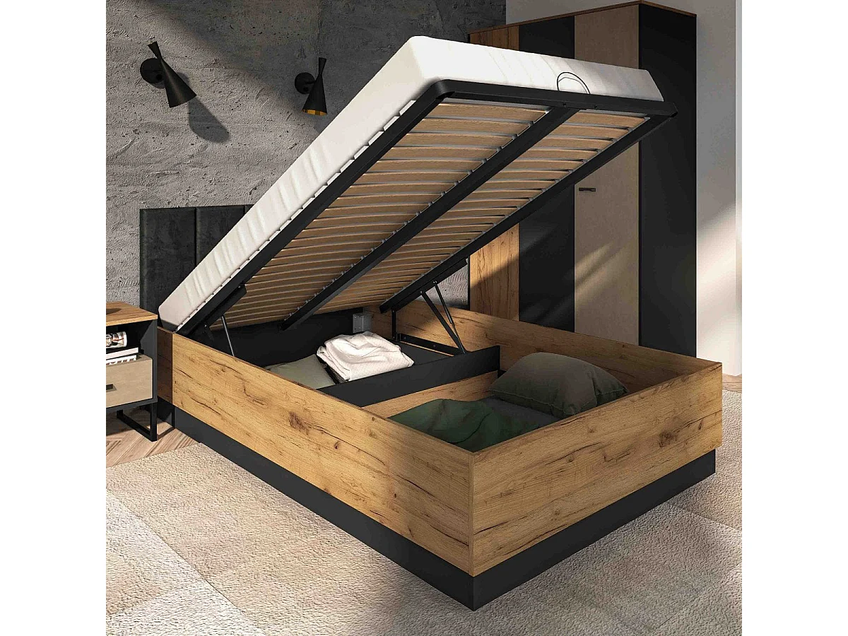 Letto contenitore 120x200 con rete inclusa Zoran Nero e Legno