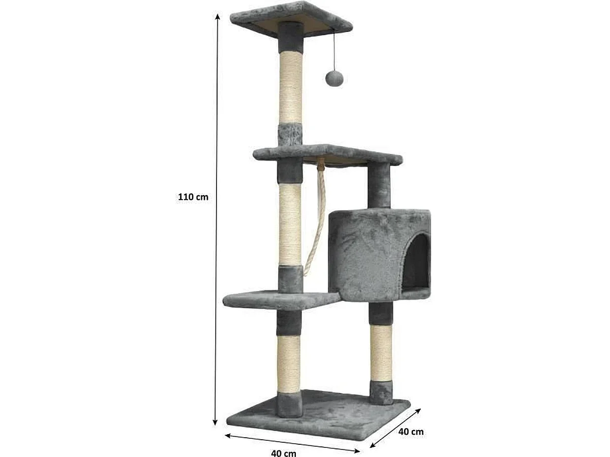 PALOMA Donkergrijze Kattenboom 40 x 40 x 110 cm - 3 Platforms, Pluche Nis, Sisal Palen, Touw