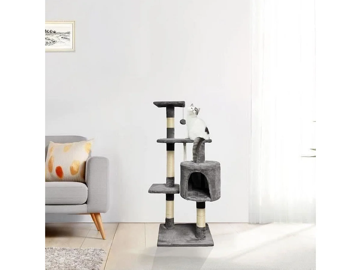 PALOMA Donkergrijze Kattenboom 40 x 40 x 110 cm - 3 Platforms, Pluche Nis, Sisal Palen, Touw